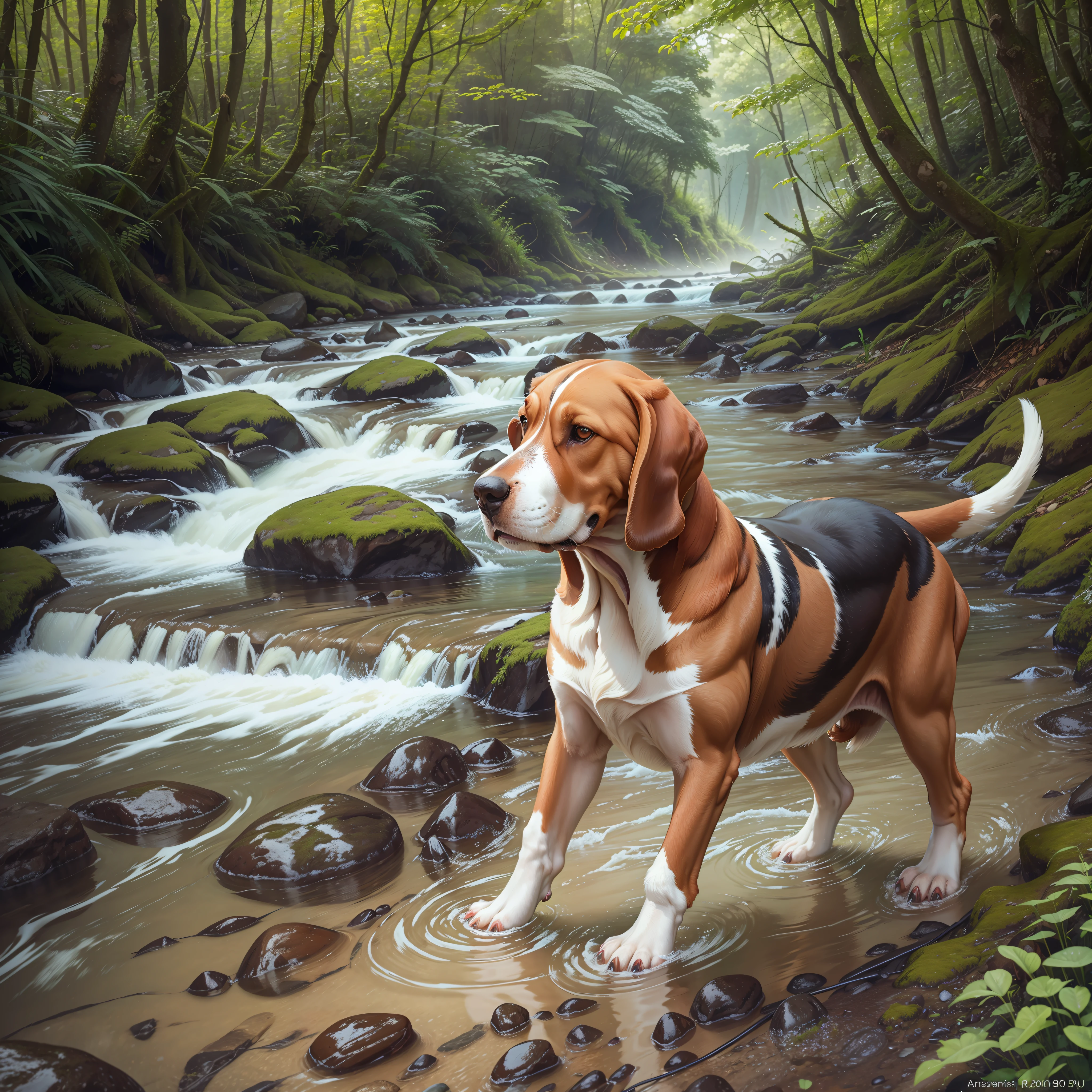 Basset Hound caminando junto a un río con un paisaje de aguas cristalinas y una foto transparente ultra realista en 4k