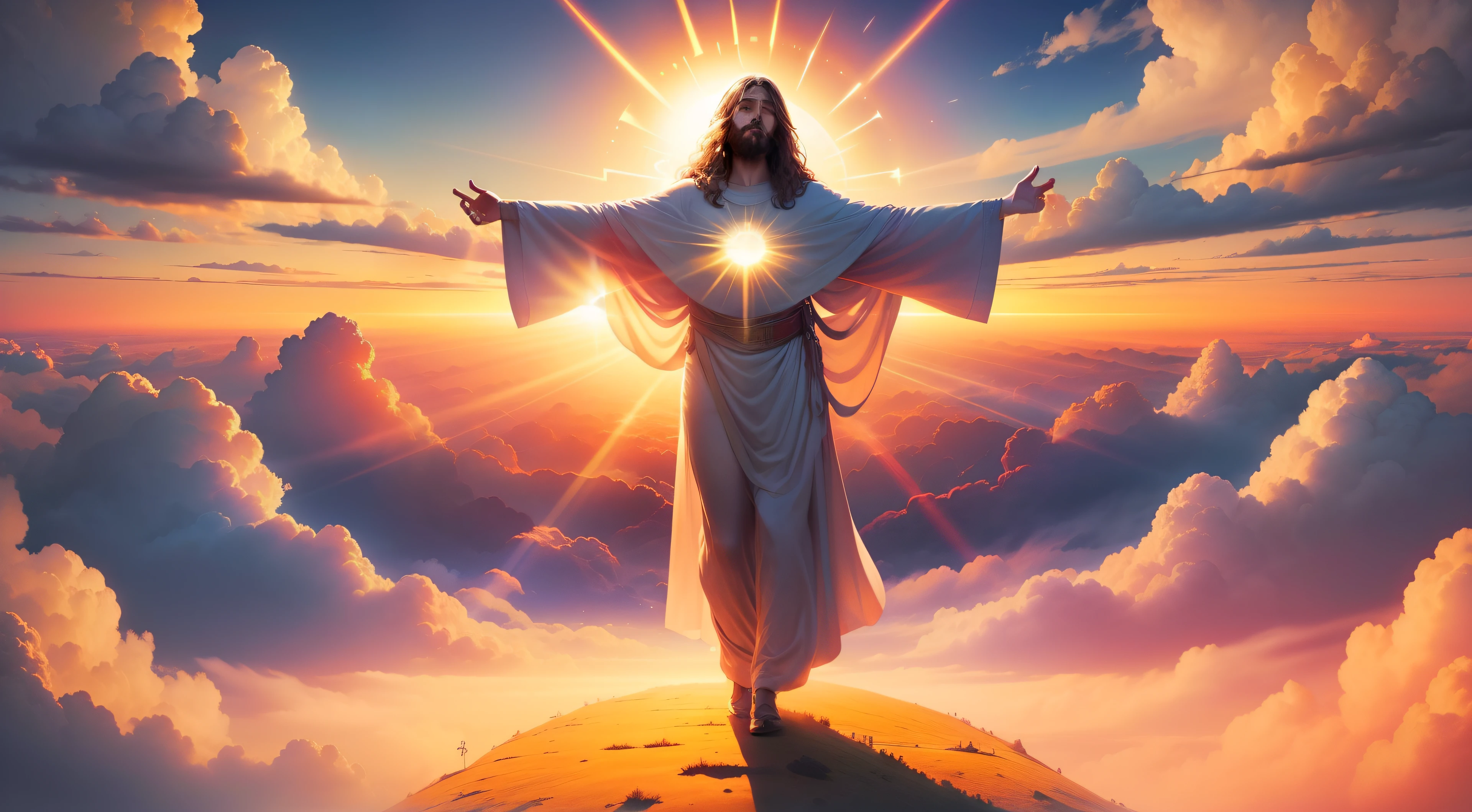 Jesus standing on a hill with his arms outstretched in the air - SeaArt AI