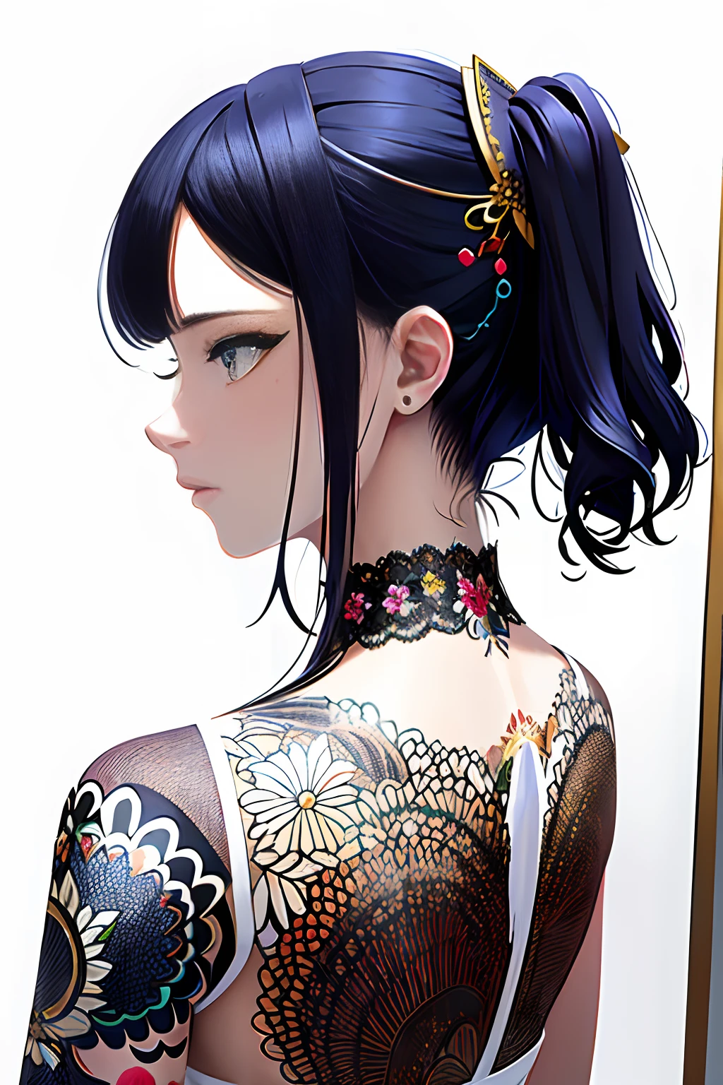 (obra-prima, qualidade superior, melhor qualidade, arte oficial, beautiful and aesthetic: 1.2), 1menina, tatuagem, solo, roupas japonesas, ornamento de cabelo, desembainhamento, cabelo preto, bainha, tatuagem nas costas, olhos azuis, fora do ombro, ombros nus, looking behind, from behind, flor, olhando para o espectador, segurando, maquiagem, 
Interior ((melhor qualidade)), ((obra-prima)), ((realista)), (detalhado), branco luminoso reflexivo: 1.5, textura vermelho brilhante: 1.3, 1bela mulher cabelo preto uma tatuagem colorida de ninfa borboleta indicada para mulheres