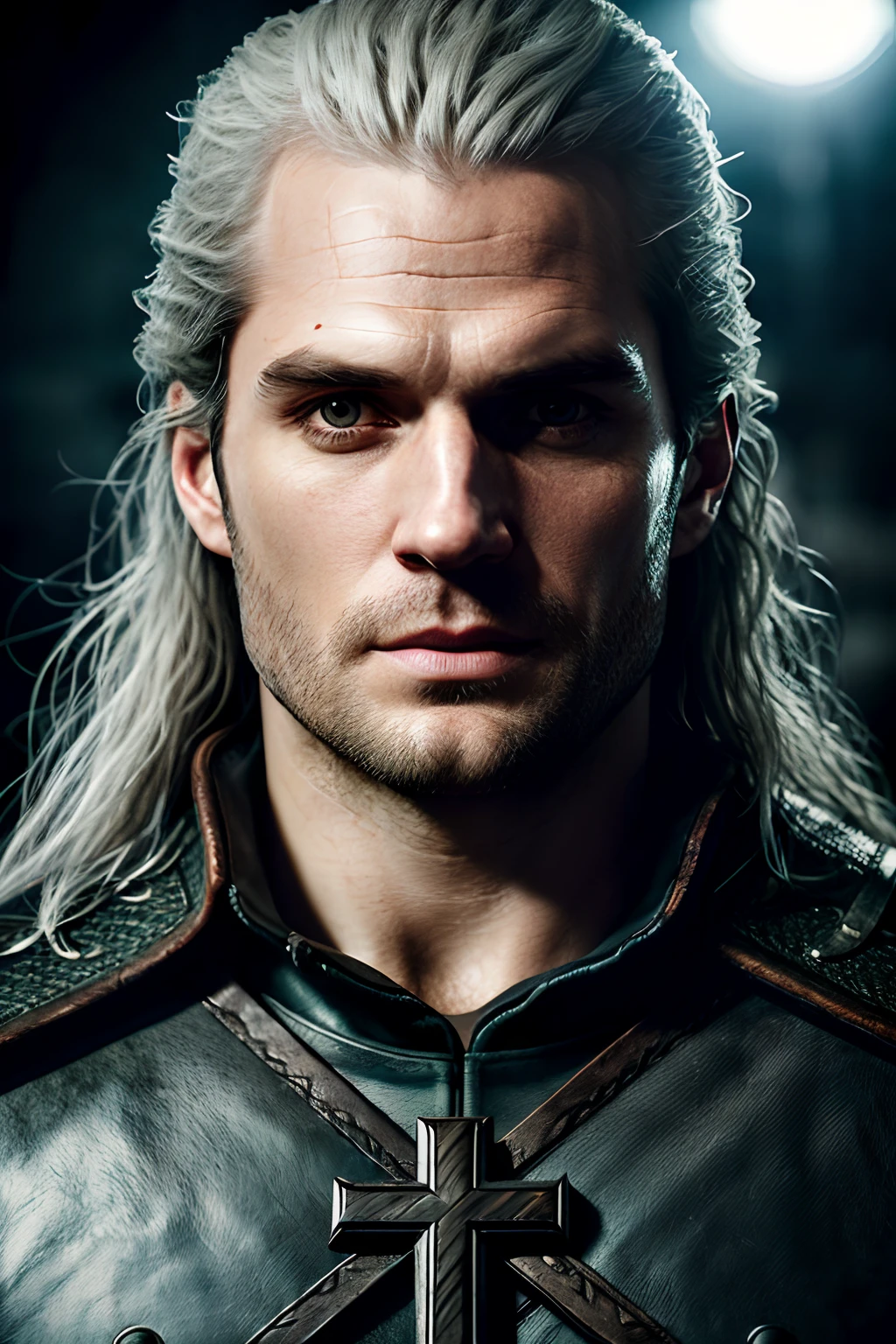 (extrêmement détaillé, Meilleure qualité) portrait, Henry Cavill dans le rôle de Geralt de Rivia dans The Witcher,
(yeux perçants:1.2, caractéristiques ciselée:1.1), éclairage spectaculaire en forme de croix, fond sombre,
Fermer, expression intense, Ressentir la douleur Harold