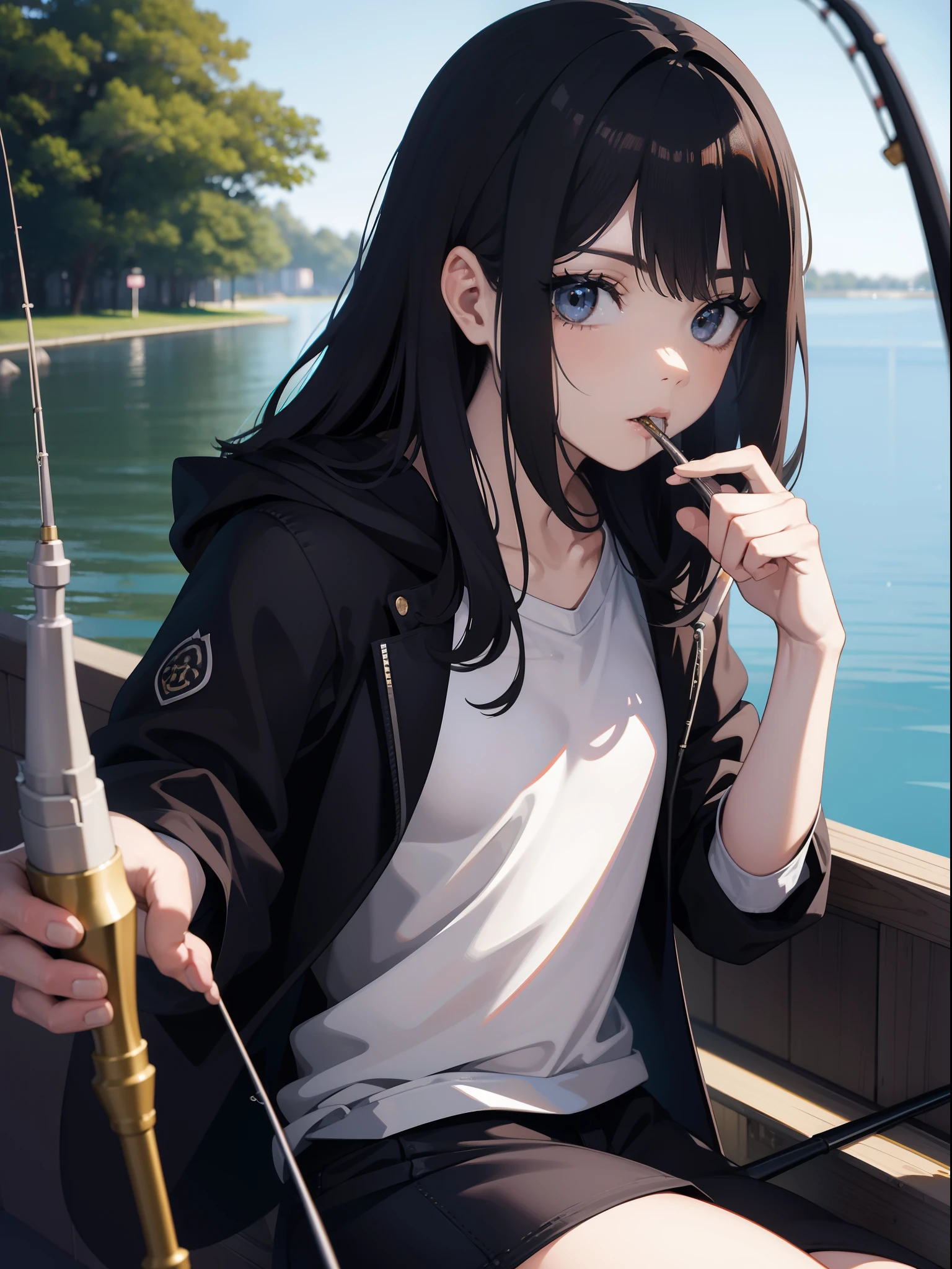 ((((Holding a fishing rod by the lake)))),((Best Quality, masutepiece :1.3)),hight resolution,ultra-detailliert,Official art,Beauty and aesthetics,​masterpiece,best qualtiy,ighly detailed,1 japanese girl,Black hair, long eyeslashes, Solid Circle Eyes, deadpan, drop shadow, Atmospheric perspective,Super Detail, ccurate, Best Quality, small tits,Black jacket,(top-quality:1.4), (超A high resolution:1.2), cinematric light, (Extreme detailed illustration), (lipgloss、top-quality、超A high resolution、depth of fields、Caustics、Broadlighting、Natural Shading、85mm、f / 1.4、ISO 200、1 / 160 seconds:0.75)、