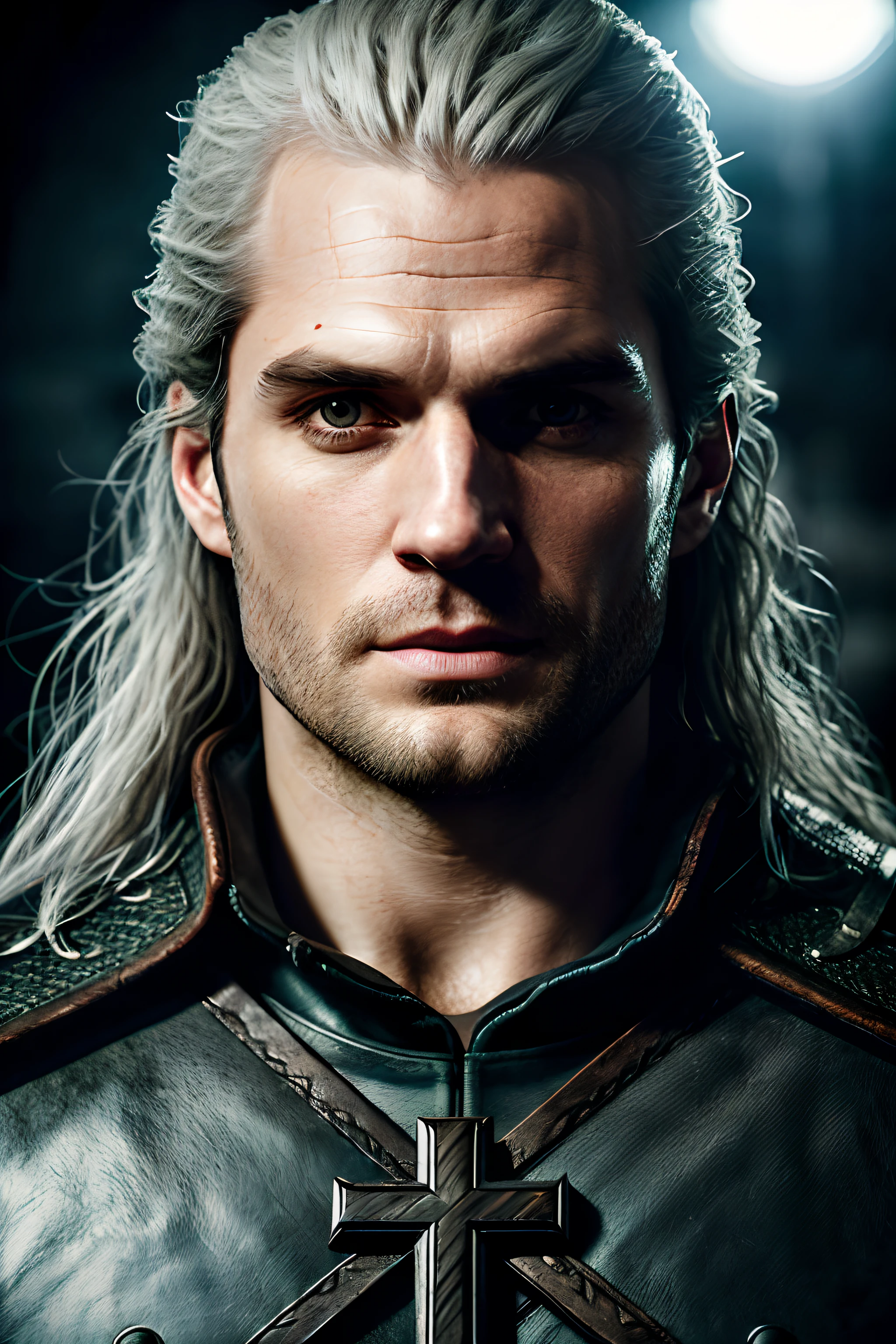 (extremely detailed, best quality) portrait, Henry Cavill as Geralt de Rivia from The Witcher,
(piercing eyes:1.2, chiselled features:1.1), dramatic lighting in the shape of a cross, dark background,
close-up, intense expression, feel the pain Harold