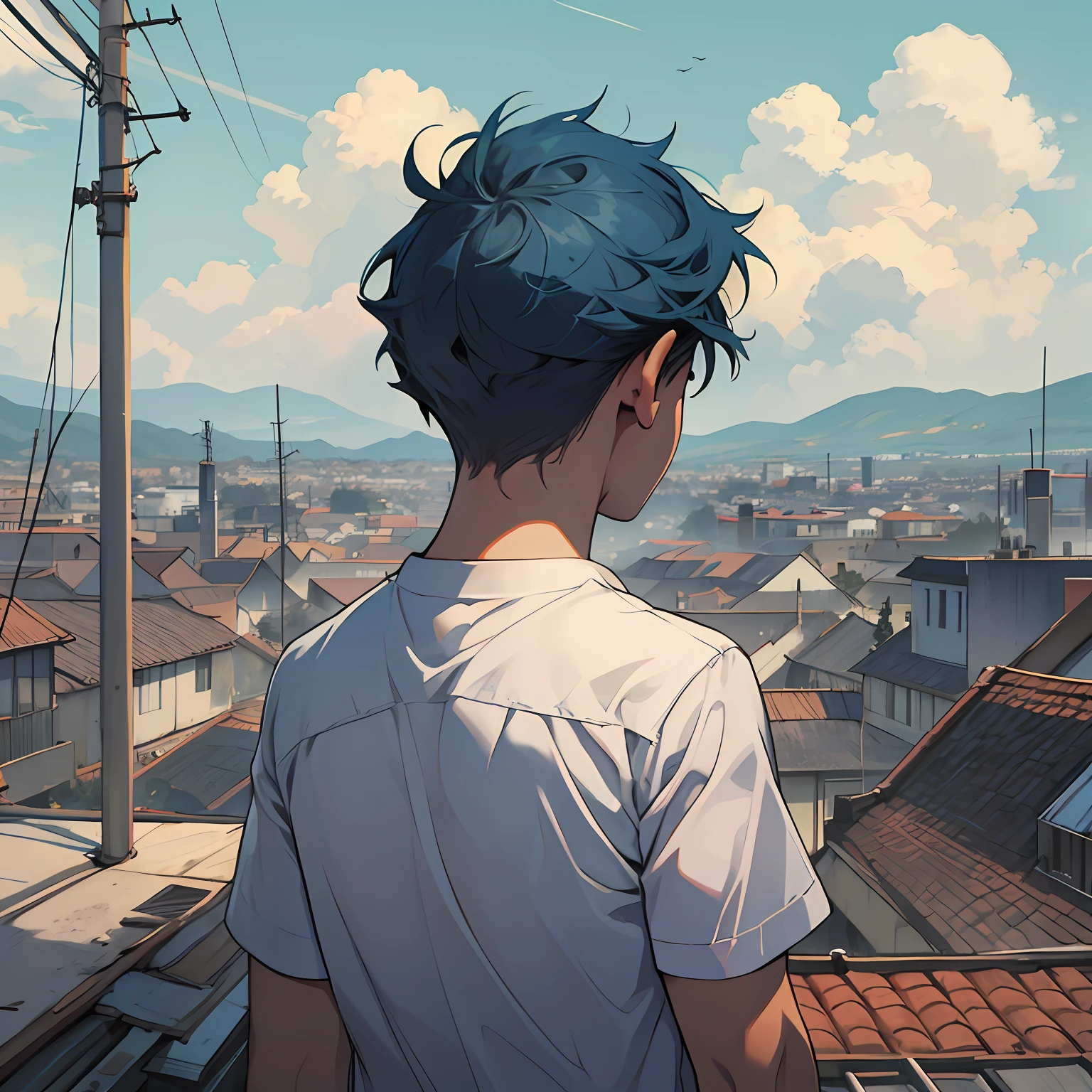 vemos por trás o Jovem D14 anos olhando a cidade do telhado da escola. O homem está sem camisa, com longos cabelos azuis.