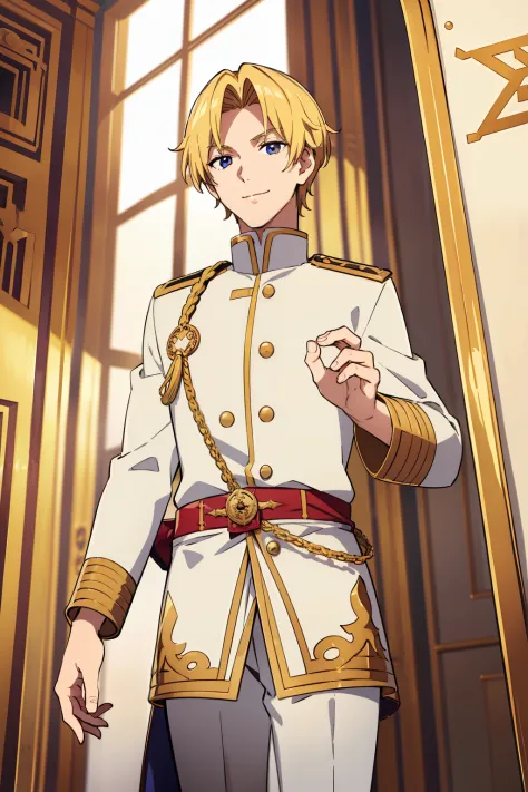 one man, prince, shiny blond hair, handsome, detailed face, smiling, white uniform with gold accents, in a temple, bowing, sword...