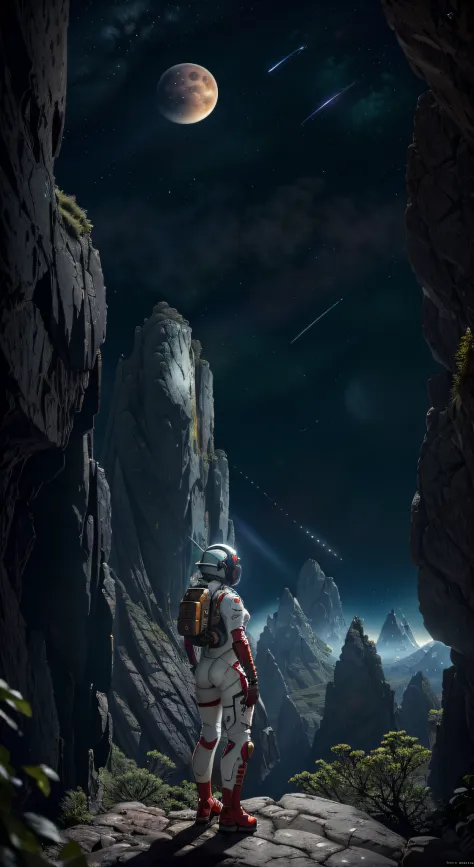 Highly detailed RAW color Photo, Rear Angle, Full Body, of (female space marine, wearing white and red space suit, futuristic helmet, tined face shield, rebreather, accentuated booty), outdoors, (leaning over rocky Edge, looking out at advanced alien struc...