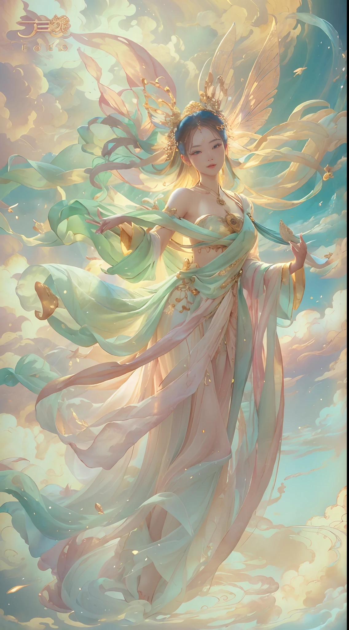 （Beauty fairy）, （Celestial），（dunhuang）, （faeries）, She floats in the sky, Colorful silk cloth flutters，Clouds surround，（Peerless looks）, （White silk robe）,Normal human fingers， Foot on auspicious clouds，Light smile, neo-classical, Chiaroscuro, Cinematic lighting, god light, Ray tracing, character sheets, projected inset, first person perspective, hyper HD, Masterpiece, ccurate, Textured skin, Super detail, High details, High quality, Award-Awarded, Best quality, A high resolution, 8K，Ultra-high sharpness，Clear face，fully body photo，