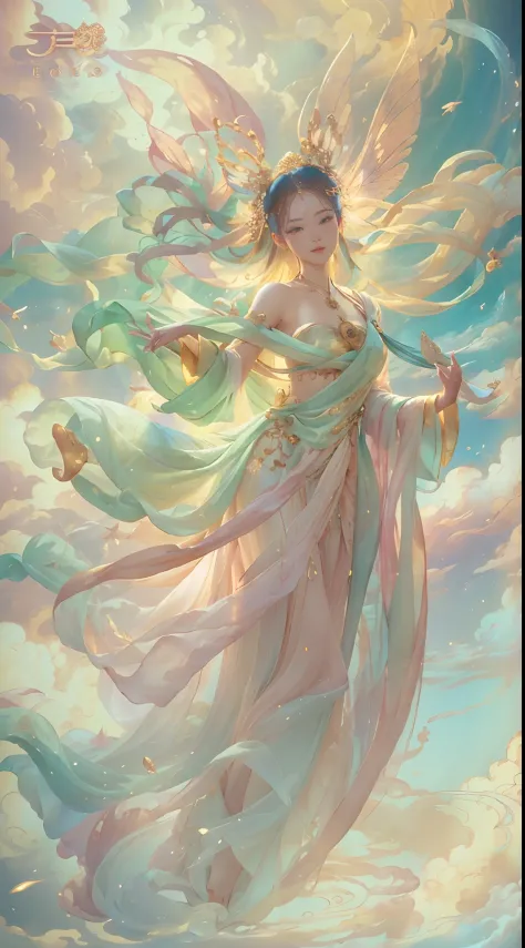 （Beauty fairy）, （Celestial），（dunhuang）, （faeries）, She floats in the sky, Colorful silk cloth flutters，Clouds surround，（Peerless...