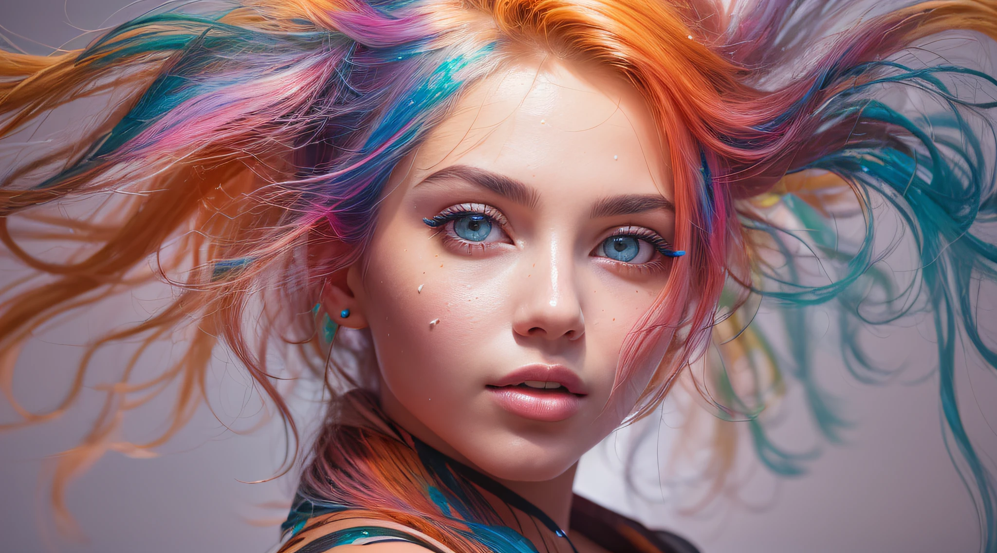 8k, RAW photo, realistic, photo-realistic, hyper-realistic, highest quality, best quality, masterpiece, highly detailed, absurdres,
masterpiece, best quality, (extremely detailed CG unity 8k wallpaper, masterpiece, best quality, ultra-detailed, best shadow), (detailed background), (beautiful detailed face, beautiful detailed eyes), High contrast, (best illumination), 1girl, Australian, multicoloured hair, beautiful, ((colourful paint splashes on transparent background, dulux)), ((caustic)), dynamic angle,beautiful detailed glow,full body, cowboy shot,