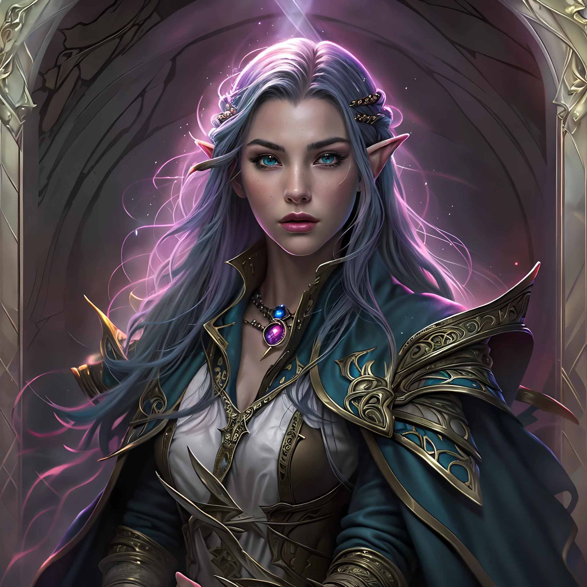 a picture of a female elf (intense details, Masterpiece, best quality: 1.5) fantasy swashbuckler, fantasy fencer, armed with a slim sword, fantasysword sword, metallic shine, colorful clothes, an ultra wide shot, full body (intense details, Masterpiece, best quality: 1.5)epic beautiful female elf (intense details, Masterpiece, best quality: 1.5), [[anatomically correct]],  rich hair, braided hair, long hair, small pointed ears, fantasy urban street (intense details, Masterpiece, best quality: 1.5),  purple cloak  (intense details, Masterpiece, best quality: 1.5), long cloak (intense details, Masterpiece, best quality: 1.5), elven leather armor (intense details, Masterpiece, best quality: 1.5) sense of daring, sense of adventure, controlling a swirling colorful magic runes (1.5 intricate details, Masterpiece, best quality), manipulating colorful magical runes (intense details, Masterpiece, best quality: 1.5) high details, best quality, 8k, [ultra detailed], masterpiece, best quality, (extremely detailed), dynamic angle, ultra wide shot, photorealistic, RAW, fantasy art, dnd art, fantasy art, realistic art,