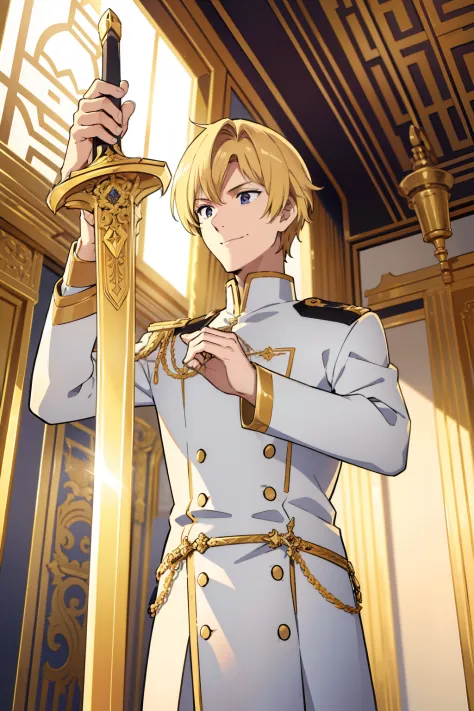 one man, prince, shiny blond hair, handsome, detailed face, smiling, white uniform with gold accents, in a temple, bowing, sword...