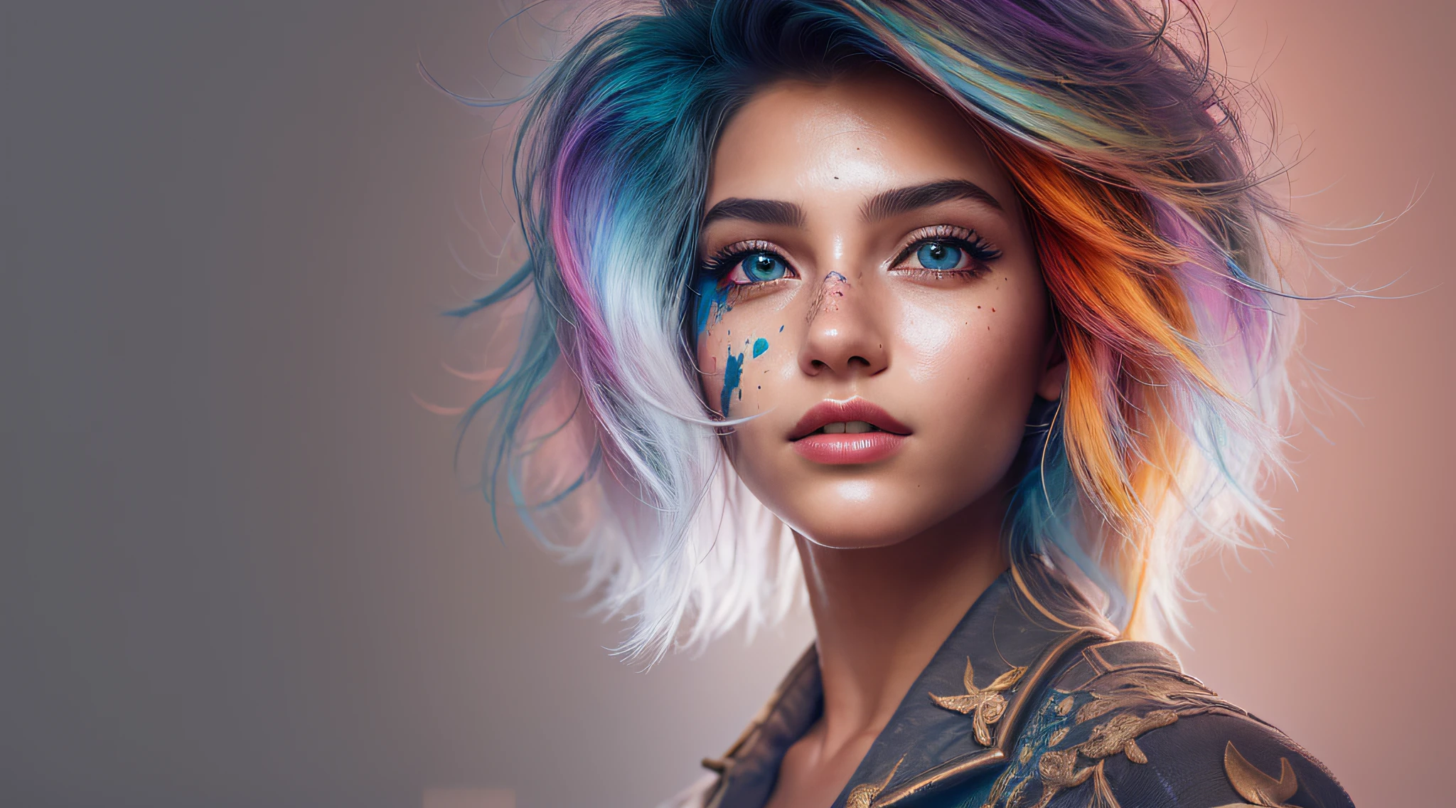 8k, RAW photo, realistic, photo-realistic, hyper-realistic, highest quality, best quality, masterpiece, highly detailed, absurdres,
masterpiece, best quality, (extremely detailed CG unity 8k wallpaper, masterpiece, best quality, ultra-detailed, best shadow), (detailed background), (beautiful detailed face, beautiful detailed eyes), High contrast, (best illumination), 1girl, Australian, multicoloured hair, beautiful, ((colourful paint splashes on transparent background, dulux)), ((caustic)), dynamic angle,beautiful detailed glow,full body, cowboy shot,