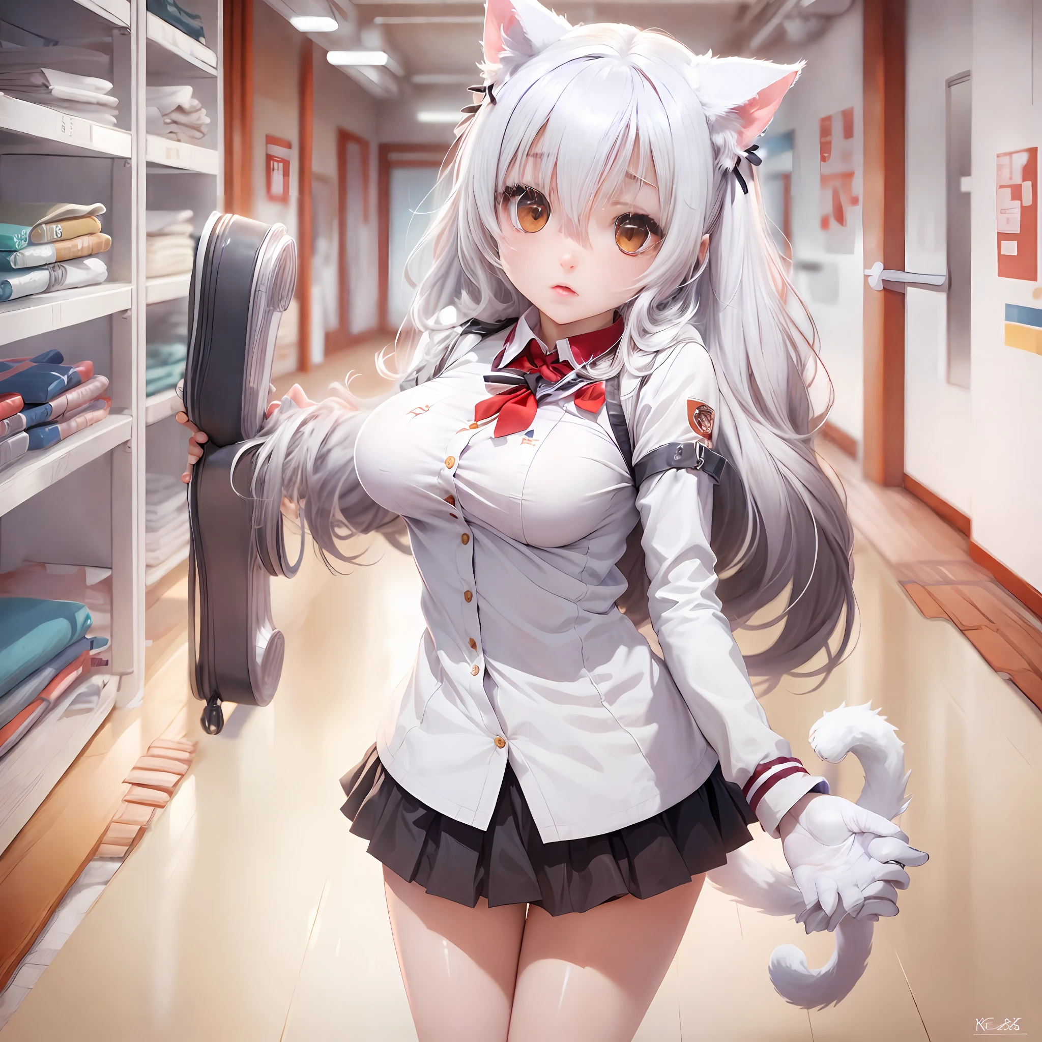 gym storeroom, Koneko Toujou (DXD), 1girl, white cat ears, (classic uniform), white cat tail, school hallway, red skirt, small breasts, black ribbon,, masterpiece, best quality, highly detailed