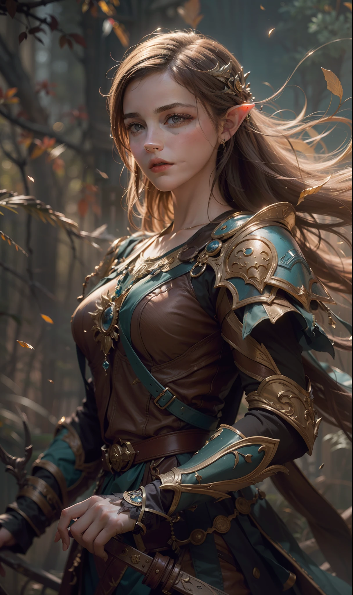 Beautiful painting of Emma Watson as perfect female elf warrior, shapeless long hair, perfect features, (wearing extremely baroque elven armor), abstract beauty, near perfection, pure form, dynamic pose, ethereal background, (deep dark shadows), (strong cinematic lighting), (back lighting), concept art by Greg Rutkowski and John William Waterhouse and Alphonse Mucha, stunning details, intricate details, 8k post-production, High resolution, super details, trending on ArtStation, sharp focus, depth of field f/1.8, studio photos, (((looking at camera))).