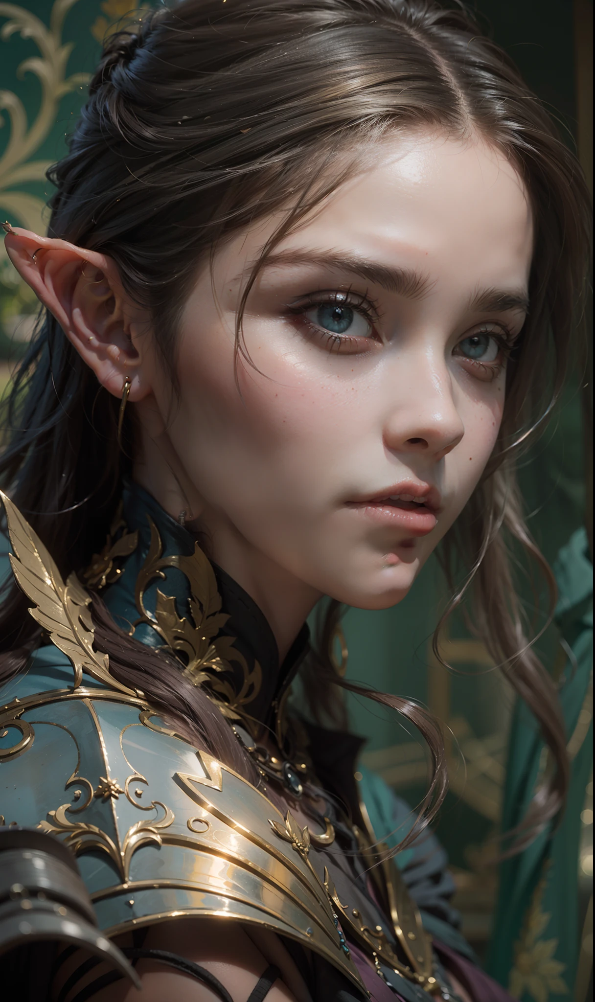 Beautiful painting of Emma Watson as perfect female elf warrior, shapeless long hair, perfect features, (wearing extremely baroque elven armor), abstract beauty, near perfection, pure form, dynamic pose, ethereal background, (deep dark shadows), (strong cinematic lighting), (back lighting), concept art by Greg Rutkowski and John William Waterhouse and Alphonse Mucha, stunning details, intricate details, 8k post-production, High resolution, super details, trending on ArtStation, sharp focus, depth of field f/1.8, studio photos, (((looking at camera))).