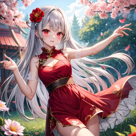 silber hair、red eyes、One pretty girl、独奏、animesque、flower  field、red blush、qipao dress、Underwear is slightly visible