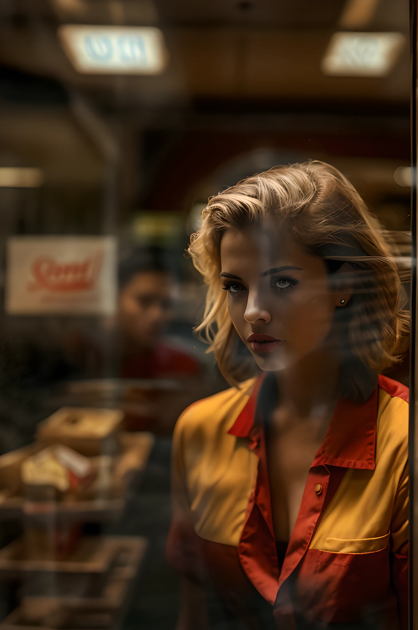 Blond woman in a red and yellow shirt looking out a window - SeaArt AI