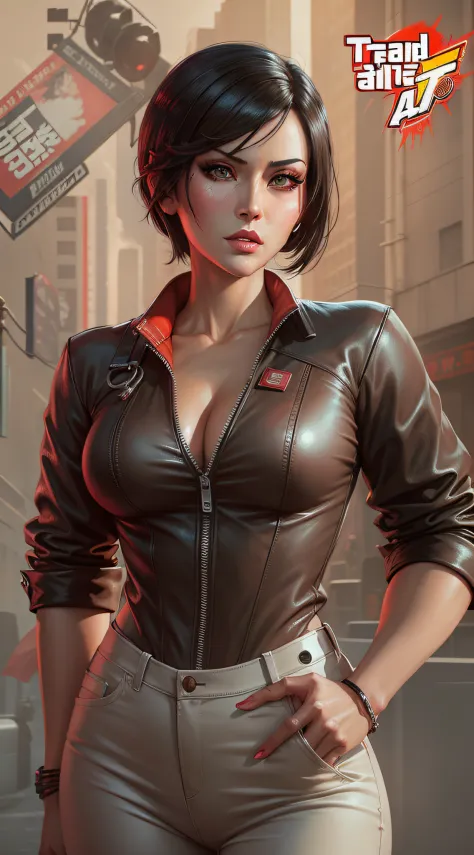 [Ada Wong] "em Grand Theft Auto-estilo telas de carregamento, Arte estilo GTA, Altamente detalhado e realista, olhos bonitos e azuis, estilo de pintura digital, GTA style digital illustration, studio lighting