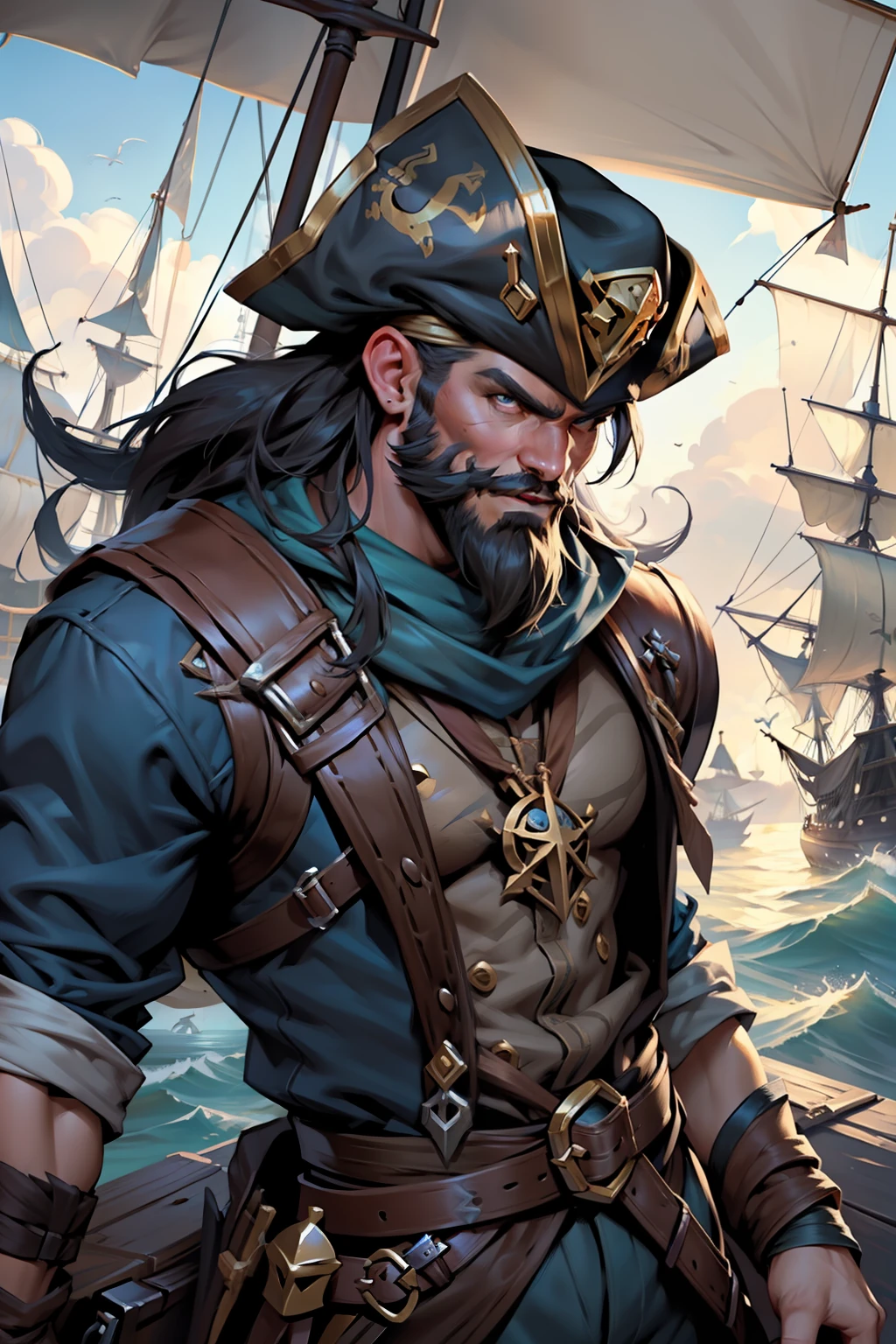 想像《英雄聯盟》遊戲中海盜角色普朗克的詳細插圖. 該圖像描繪了普朗克擺出令人生畏且威嚴的姿勢, 作為可怕的海盜船長，他是. 其外觀遵循遊戲的標誌性風格, 具有角色的特徵元素. 插圖展現了豐富的細節, 從你臉上的皺紋, 表達您的航海經驗, 甚至他戴的海盜配件, 就像船長的帽子一樣, 用鉤子代替一隻手和一條木腿. 你的衣服已經穿了, 揭示你的海上生活. 場景的燈光很戲劇性, 突出陰影並在角色周圍營造神秘的氛圍. 在後台, 有海洋元素, 像海盜船一樣, 波濤洶湧的海浪或遙遠的島嶼, 強化海盜主題. 藝術是按照英雄聯盟的風格完成的, 充滿活力的色彩和引人注目的筆觸. 它抓住了普朗克的殘酷和兇猛的本質, 傳達出他的危險氣息和領導力. 一般來說, 該圖像是對角色的令人印象深刻且鼓舞人心的表現, 準備好讓《英雄聯盟》粉絲沉浸在普朗克的海盜世界中