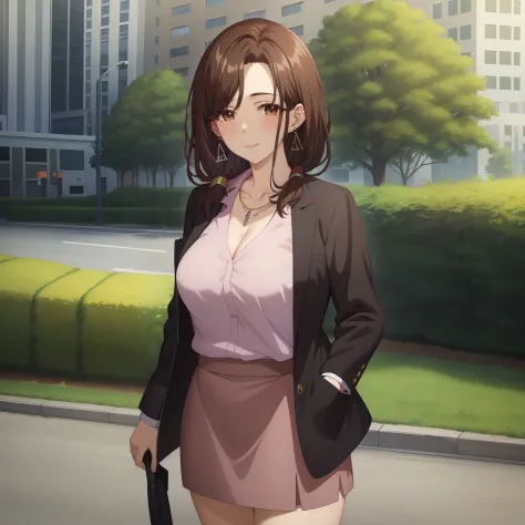 best quality, (masterpiece:1.2), highly detailed, outdoors, park, city,
1girl, solo, gotou airi, one mole under eye,
looking at the viewer, large breasts, slight smile, closed mouth, mature female, (standing:1.2),
brown eyes, brown hair, long hair, necklac...
