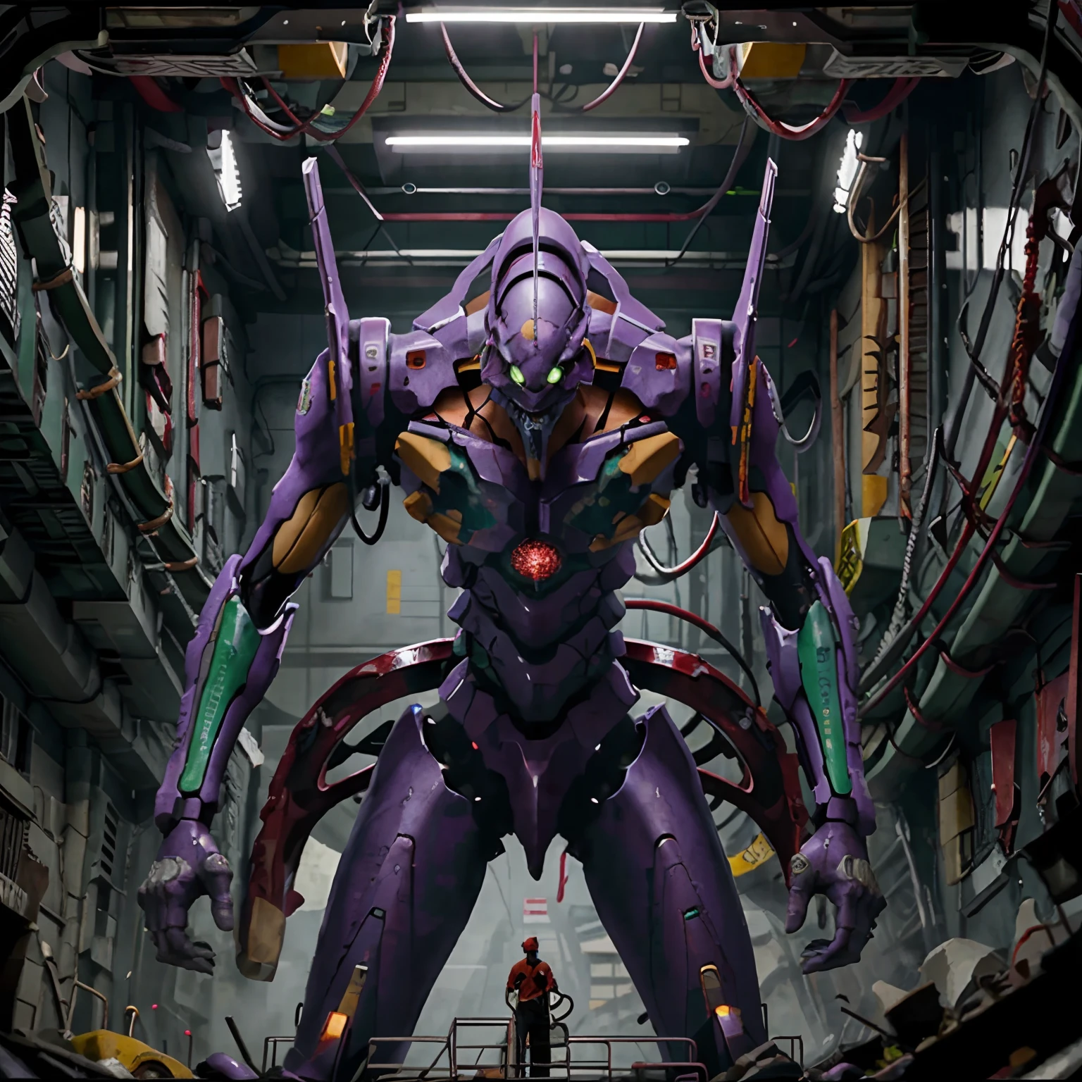 Boom,Eva 01,(Roter Heiligenschein),Abonnieren,evangelion mecha, Science-Fiction, Betrachter betrachten, (offizielle Kunst, beste Qualität, Meisterwerk:1.2), Illustration, hochauflösend, schöner abstrakter Hintergrund, Futurismus, cyberpunk, intensiver Winkel, Nahaufnahme