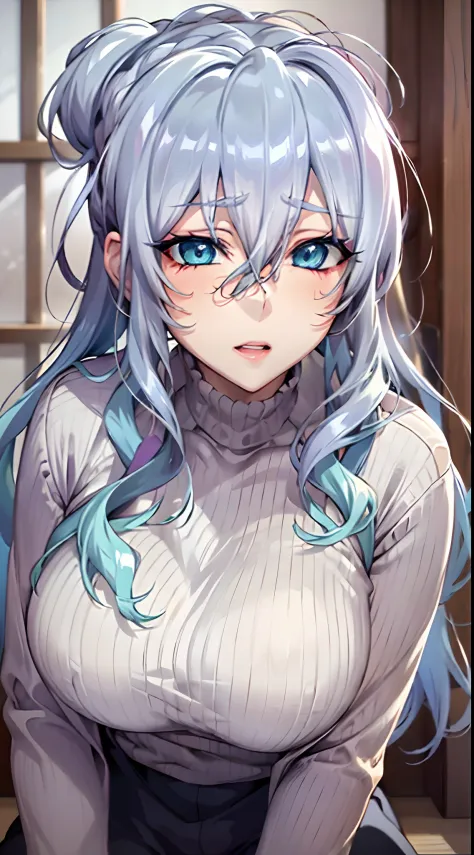 in bed, silver hair and  blue eyes, white shirt and no bra, anime visual of a cute girl, screenshot from the anime film, & her e...
