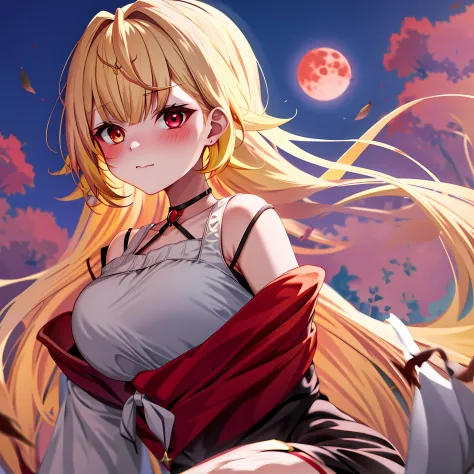 a blond、red eyes、one vampire girl、red moon on background、a sexy、red blush、off shoulders