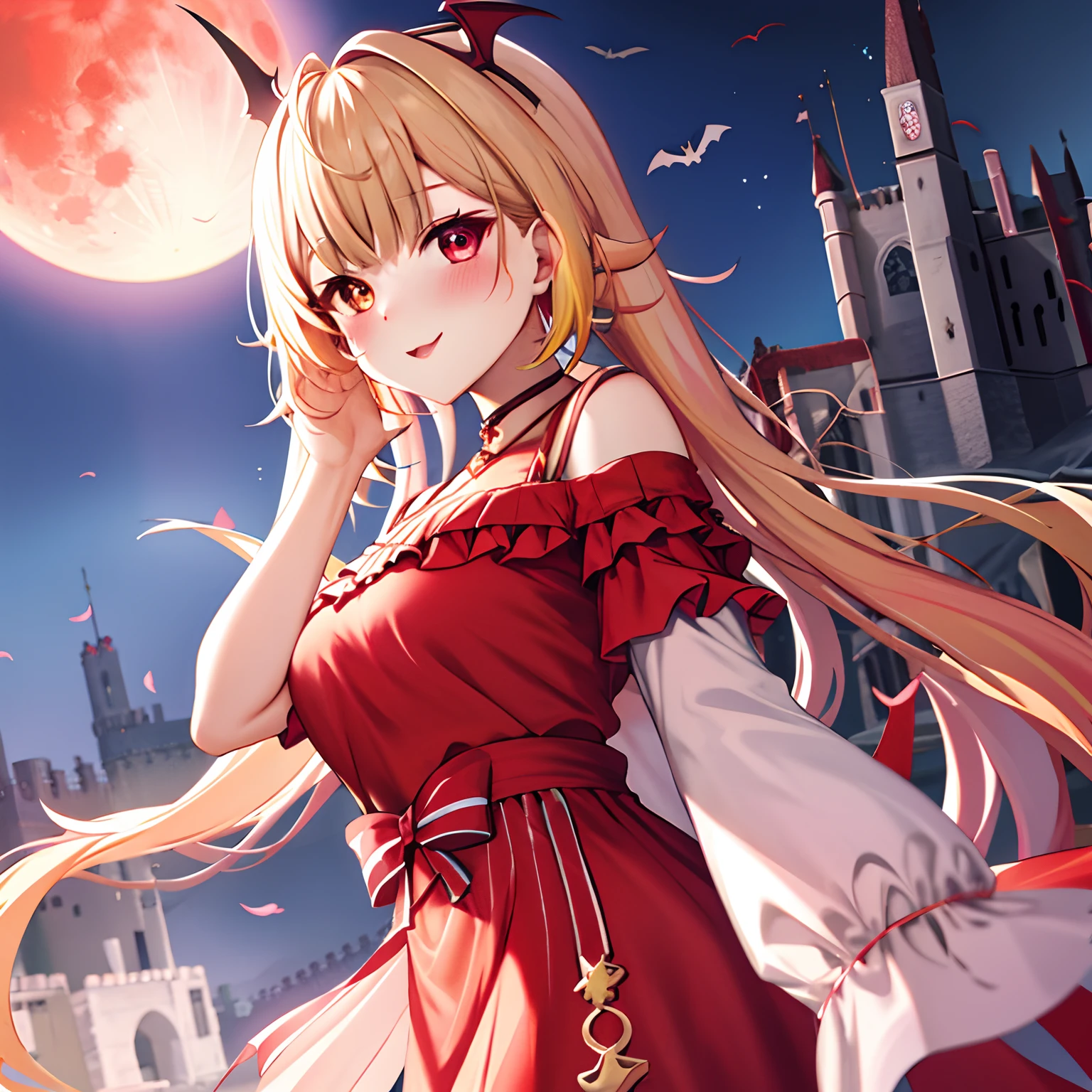 美しい吸血鬼の少女、背景に赤い月と城、セクシーな、赤面、ドレス、オフショルダー、コウモリの羽、