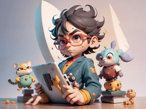 A young man in a suit, Short hair and glasses sat at his desk，holding laptop，digitial painting，tigre，3D character design by Mark Clairen and Pixar and Hayao Miyazaki and Akira Toriyama，4K HD illustration，Very detailed facial features and cartoon-style visu...