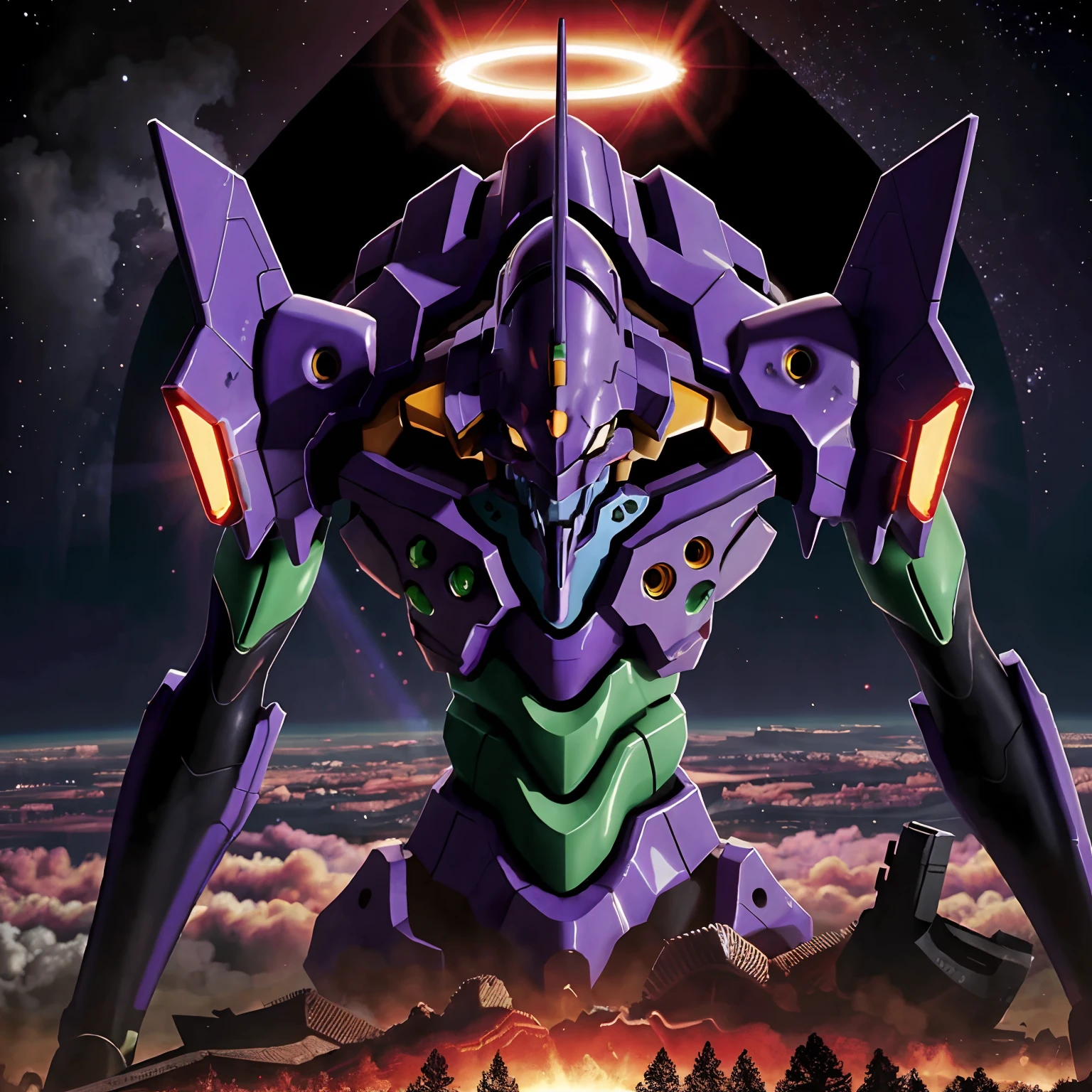 (galaxy),BOOM,eva 01,(red halo),evagod,evangelion mecha, science fiction, looking at viewer, (official art, Best quality, masterpiece:1.2), illustration, high res, beautiful abstract background, Futurism, cyberpunk, intense angle, close-up