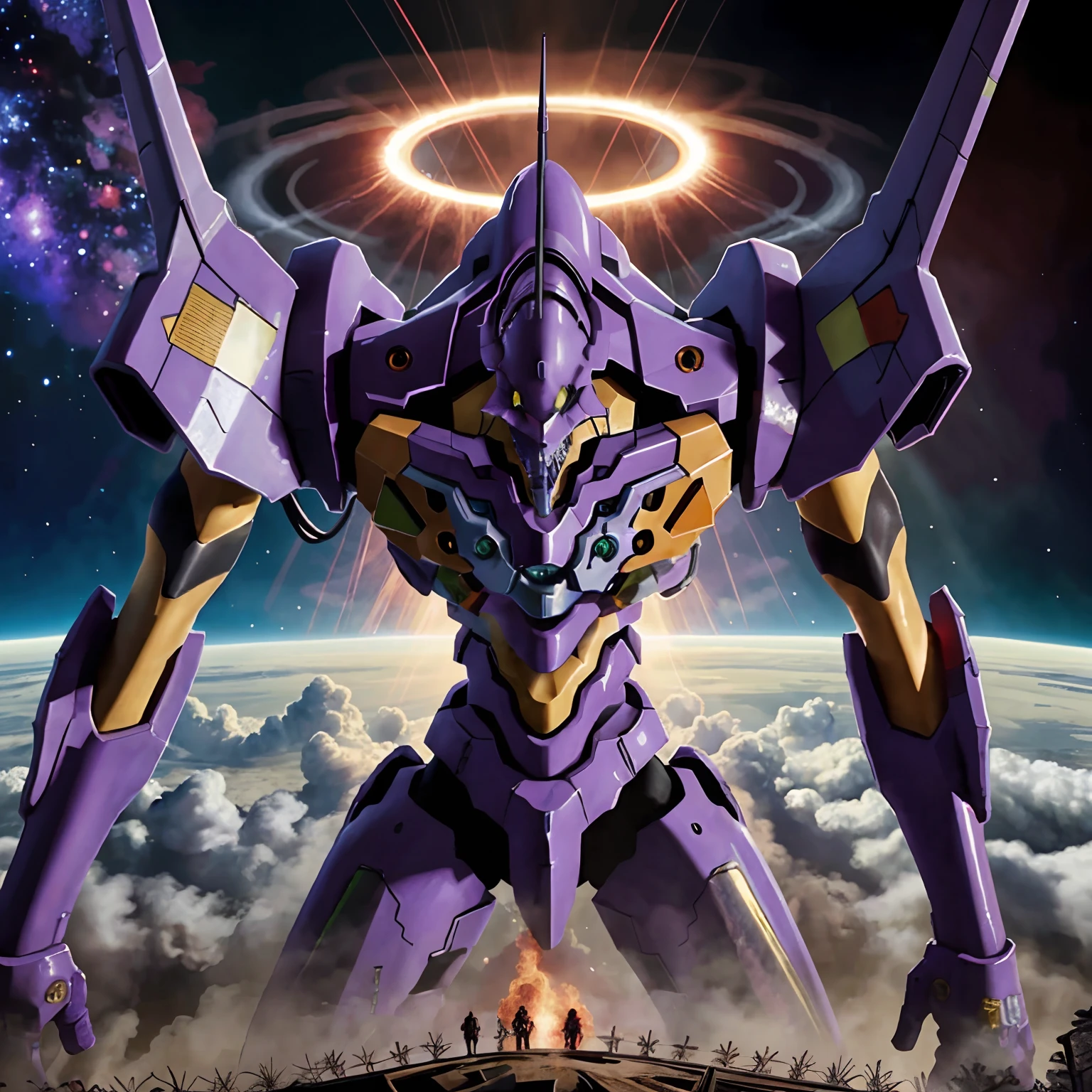 (galaxy),BOOM,eva 01,(red halo),evagod,evangelion mecha, science fiction, looking at viewer, (official art, Best quality, masterpiece:1.2), illustration, high res, beautiful abstract background, Futurism, cyberpunk, intense angle, close-up