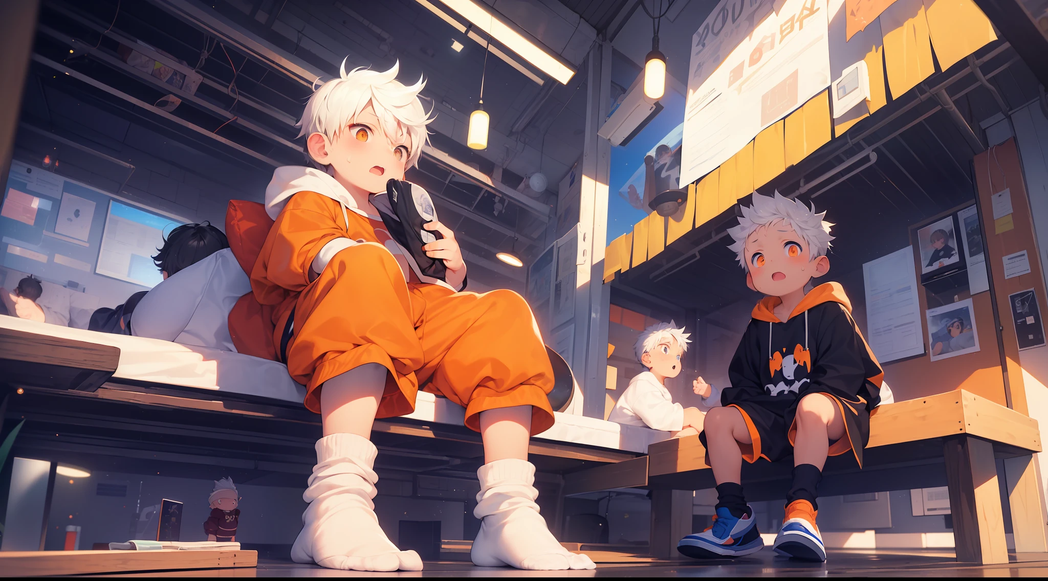 2 chubby Little garçons with White hair and shiny orange eyes and colorful chaussettes wearing a hoodie, and oversized les pantalons de survêtement sitting on a bed, jeune, garçon, enfant, petit, enfant en bas âge, des étincelles tombant du ciel, nuit, sombre, Lumière douce, (les pantalons de survêtement:1.4), (chaussettes:1.4), (garçon:1.4), (Shota:1.4), (jeune:1.4), (mâle:1.4)