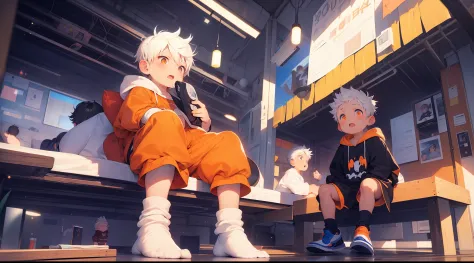 2 chubby Little boys with White hair and shiny orange eyes and colorful socks wearing a hoodie, and oversized sweatpants sitting...