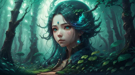 Generate a small female forest spirit ((criado no estilo de Ruan Jia artstation)). A mulher deve ter um rosto lindamente detalha...