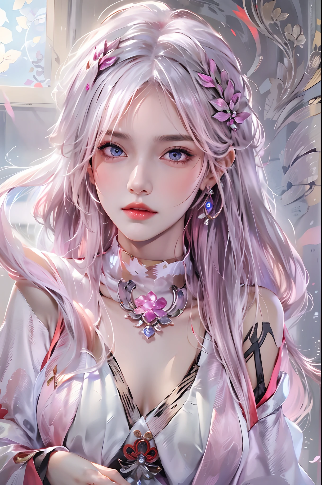 photorealistic, high resolution, 1 woman, white hair, hips up, yae miko, audult, detached sleeves, bare shoulders, pink hair, long hair, best quality, (hair ornament:1.35), jewelry, purple eyes, earrings,