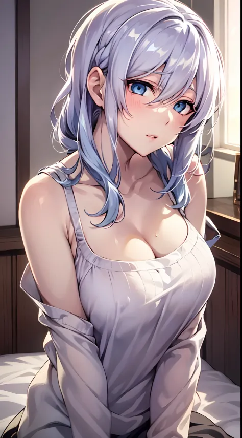 Yukino, in bed, silver hair and  blue eyes, white shirt and no bra, anime visual of a cute girl, screenshot from the anime film, & her expression is solemn, in the anime film, in an anime, anime visual of a young woman, she has a cute expressive face, stil...