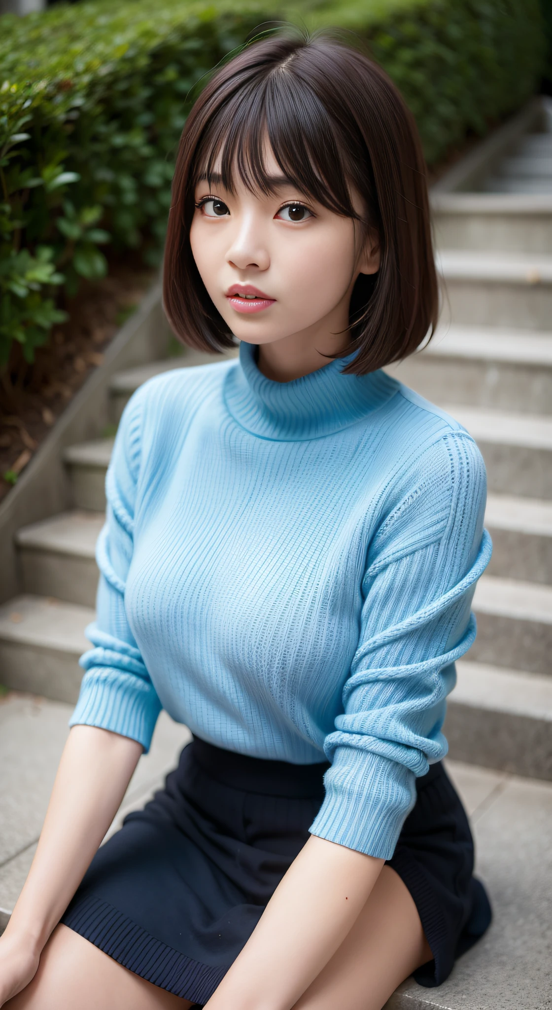 Alafed Asian woman sitting on stairs wearing blue sweater, Blue sweater, Gorgeous young Korean woman, korean female fashion model, Korean Girl, Korean Woman, blue turtleneck, Beautiful young Korean woman, beautiful Korean women, With short hair, female actress from korea, lee ji-eun, lee ji - eun, Wearing a sweater, jaeyeon nam