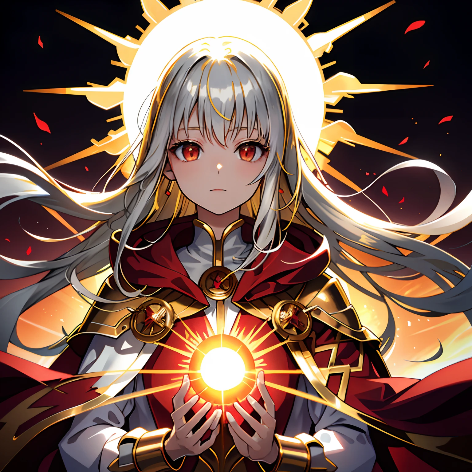 (sun:1.2),shine,shining,glow,gleam,highlight,girl,glowing hair,gold hair,silver hair,long hair,aura of light,red cloak,Metalheart