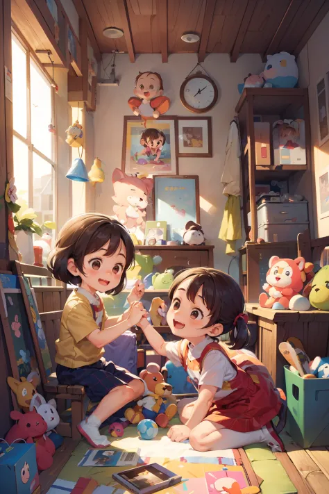 A bright daytime room is depicted。In the center of the room is、4 and 6 year old sisters are seated。My 6-year-old sister is a lit...