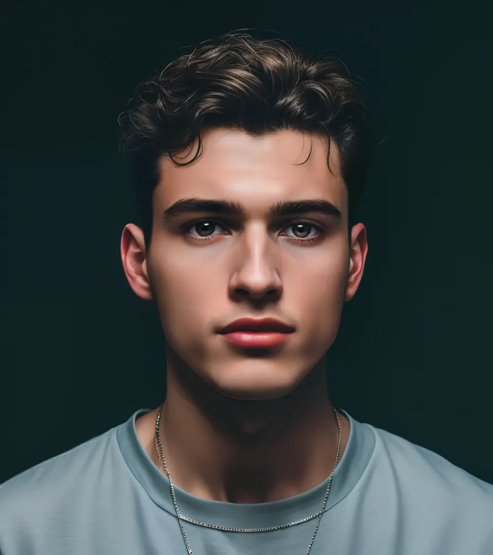 a close up of a man with a necklace on his neck, miles johnstone, portrait of a young italian male, headshot profile picture, ha...