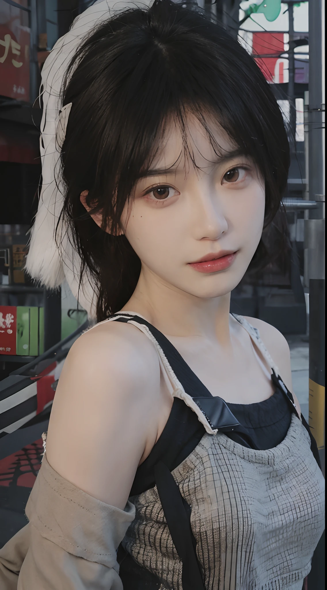 best qualtiy， 超高分辨率， （realisticlying：1.4）， Focus:1.2, perfect figure beautiful woman:1.4 , (Streets at night:1.3), Highly detailed facial and skin texture, A detailed eye, 二重まぶた，Red lips，eye shadows，Whiten skin，(Air bangs:1.3),(with a round face:1.5),(Thin strap top:1.4)