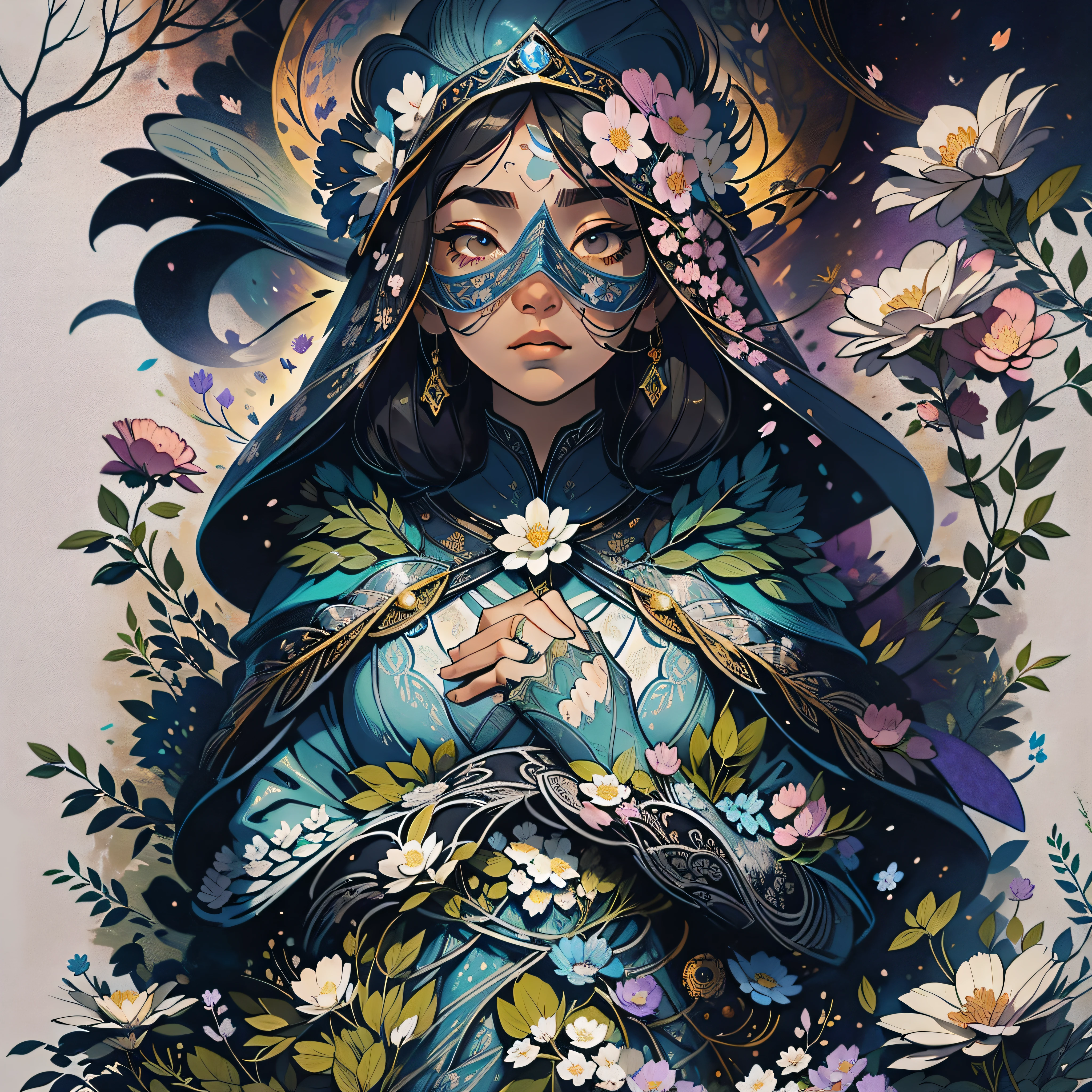 The first illustration depicts a woman with gray eyes and blindfolded, shrouded in a cloak of mystery and melancholy. Seu rosto expressa uma calma serena, while her delicate fingers touch an intricate pattern of patte-hued flower petals. These petals, que flutuam em torno dela, are bathed in a shimmering blue, conveying a sense of magic and enchantment. This image evokes a deep sense of self-discovery and connection to the inner world.