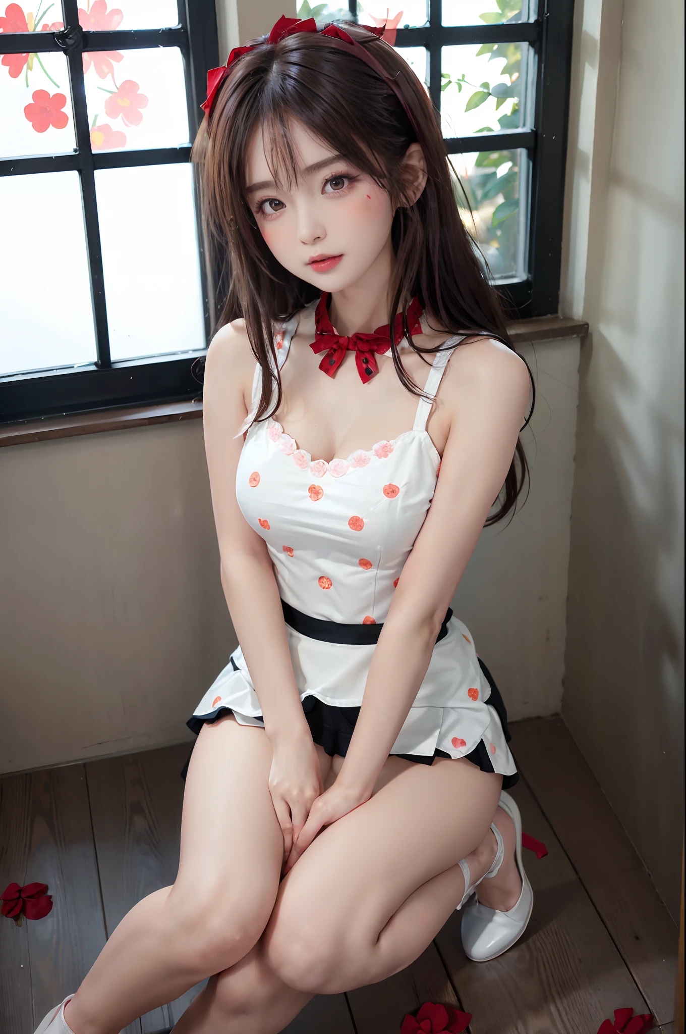 (Raw photography:1.2)、a beautiful detailed girl、bunnygirl、frombelow、Squatting、M-shaped legs open、hight resolution、high-level image quality、top-quality、ultra-detailliert、in 8K、Superfine Face、​masterpiece、realisitic、Photo Real、(((Mini skirt dress with red petals in a dot pattern style on a white mini skirt dress)))、(((White high heels)))、(((Small white lace panties or string panties with ribbon showing the camera)))、short-hair、poneyTail、Twin-tailed、(((Slim Body F Cup Bust)))、(((Small panties and small bra)))、(((raise one leg and open the leg)))、(((lift skirt myself)))、(((skirt lift by yourself)))、(((Lifted by yourself)))、Very cute young 18 year old young々Shishi Woman、(((Highly detailed panty pattern)))、Bright dark eye cheeks makeup on cheeks、White see-through panties made of lace material、natural soft light、Sunshine、Dark blush on the cheeks、red blush、cparted lips、shiny wet lips under the action of lip gloss,,、