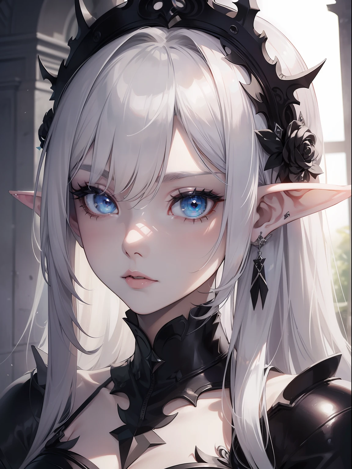 (Masterpiece, Best quality, ultra high resolution),1girl,elf ears, silver hair, pale skin, white rock punk fashion, beautiful and detailed face, detailed eyes,