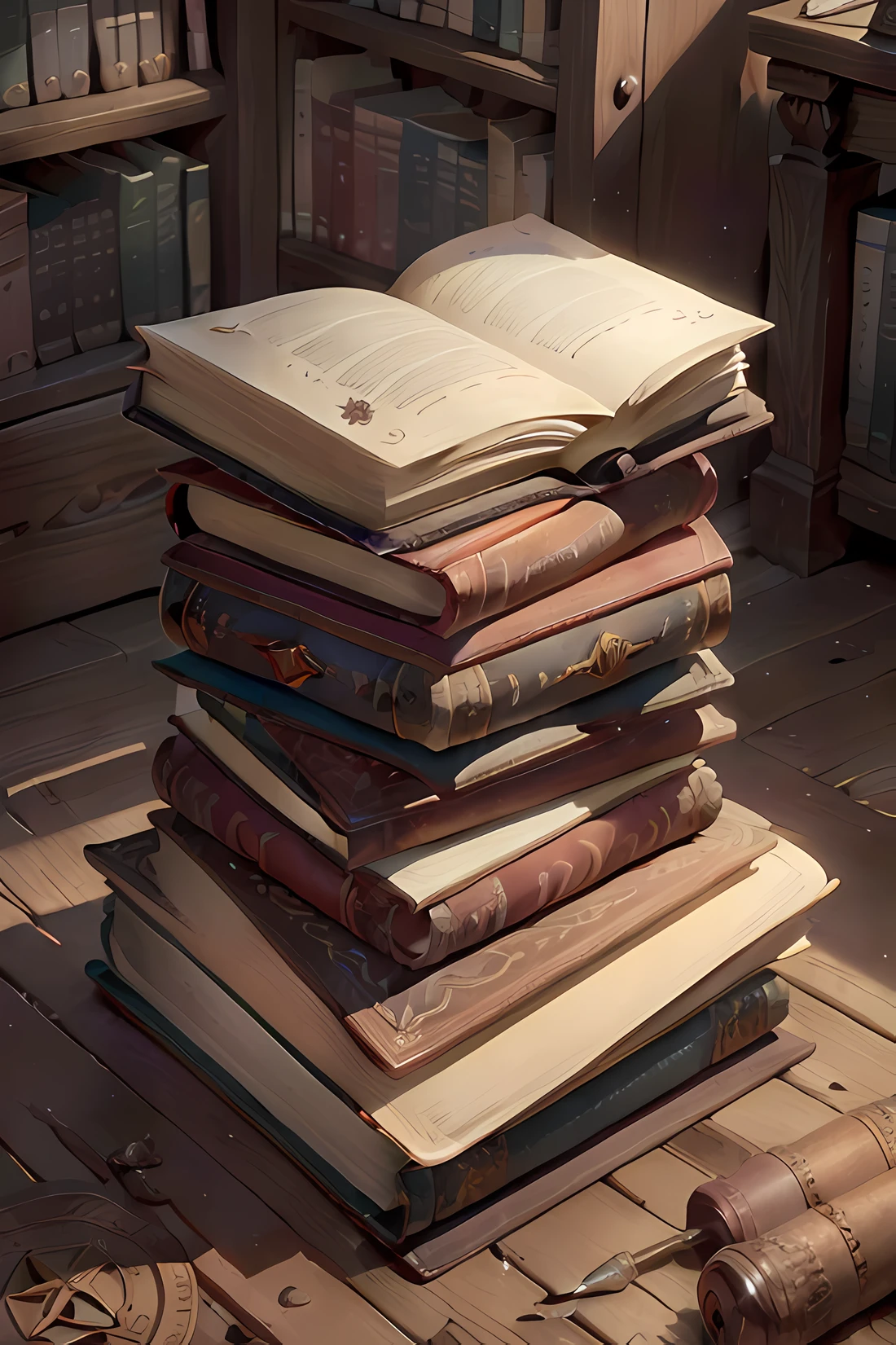 중앙에 받침대가 있는 오래된 도서관, 갈색 가죽 커버가 있는 오래된 책, 책에 쓰여진 상징, 마모레 바닥