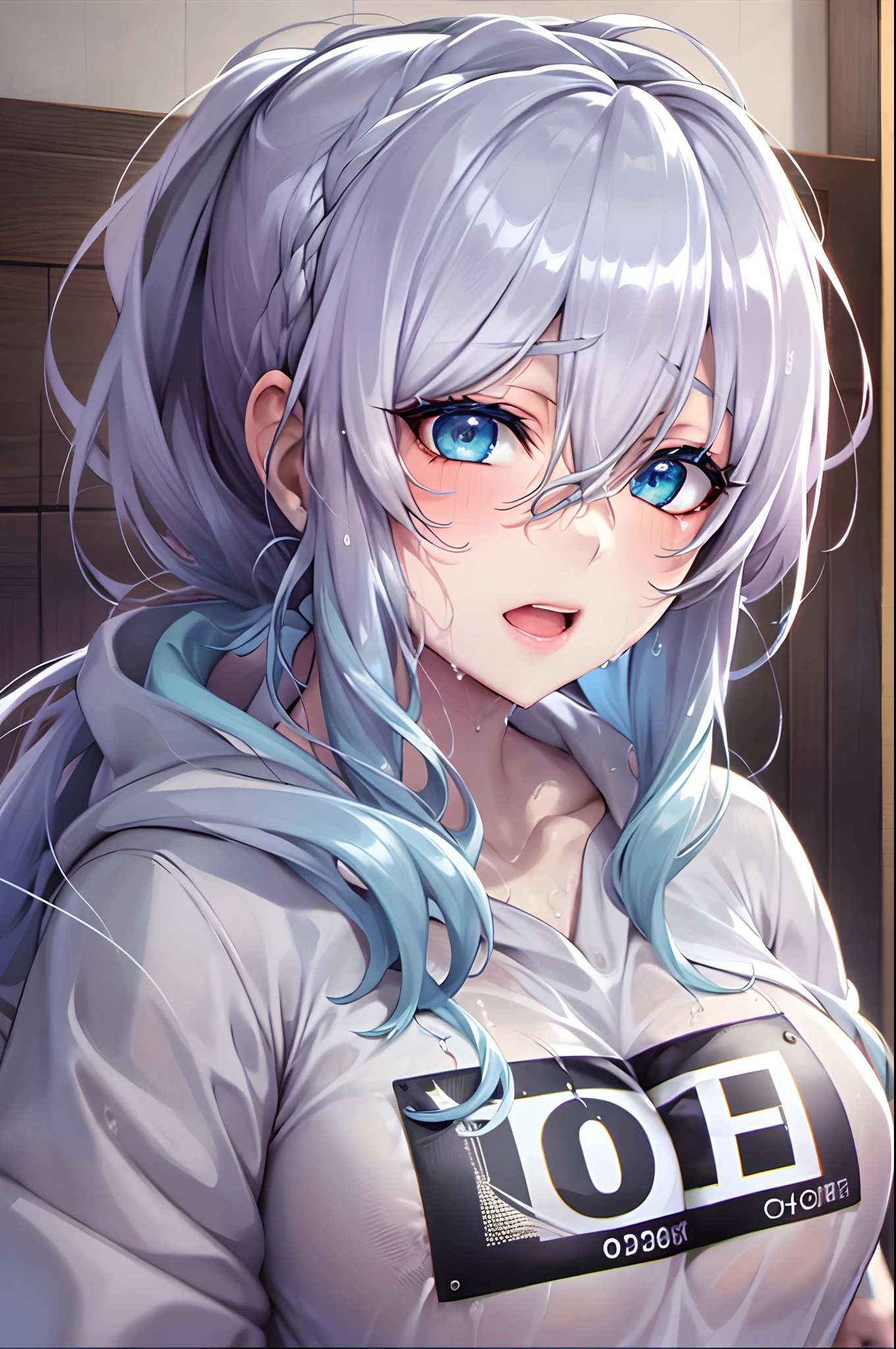 Yukino, uno la cama, Cabello y ojos plateados con una sudadera con capucha negra., anime visual de una linda chica, captura de pantalla de la película de anime, & su expresión es solemne, cara de ahegao, en la película de anime, en un anime, visual anime de una mujer joven, ella tiene una linda cara expresiva, fotograma del anime, pecho perfecto, camiseta mojada sin sujetador