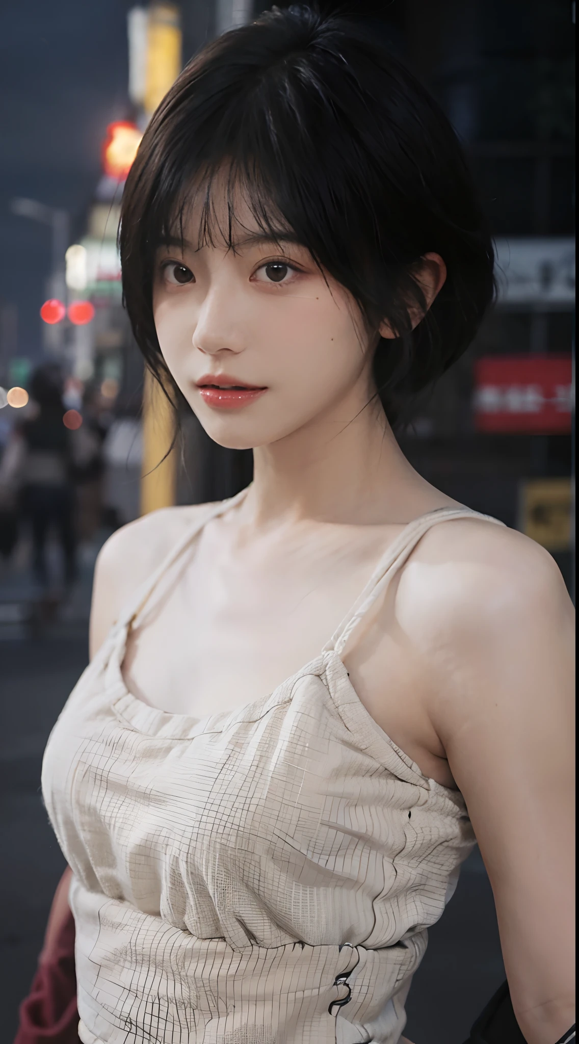 best qualtiy， 超高分辨率， （realisticlying：1.4），2 girls ，Focus:1.2, perfect figure beautiful woman:1.4 , (Streets at night:1.3), Highly detailed facial and skin texture, A detailed eye, 二重まぶた，Red lips，eye shadows，Whiten skin，(Air bangs:1.3),,(Thin strap top:1.4)