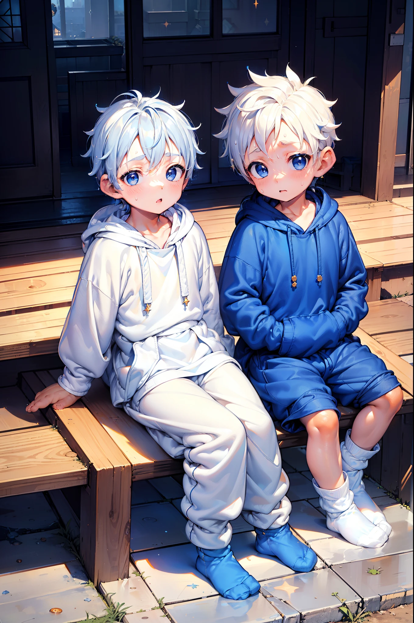 2 chubby Little 男の子s with White hair and shiny orange eyes and barefoot wearing a hoodie, and oversized スウェットパンツ sitting on a bench outside, 若い, 男の子, 子供, 小さい, 幼児, 空から落ちる輝き, 夜, 暗い, やわらかい光, (スウェットパンツ:1.4), (男の子:1.4), (ショタ:1.4), (若い:1.4), (青い靴下:1.6), (男:1.4)