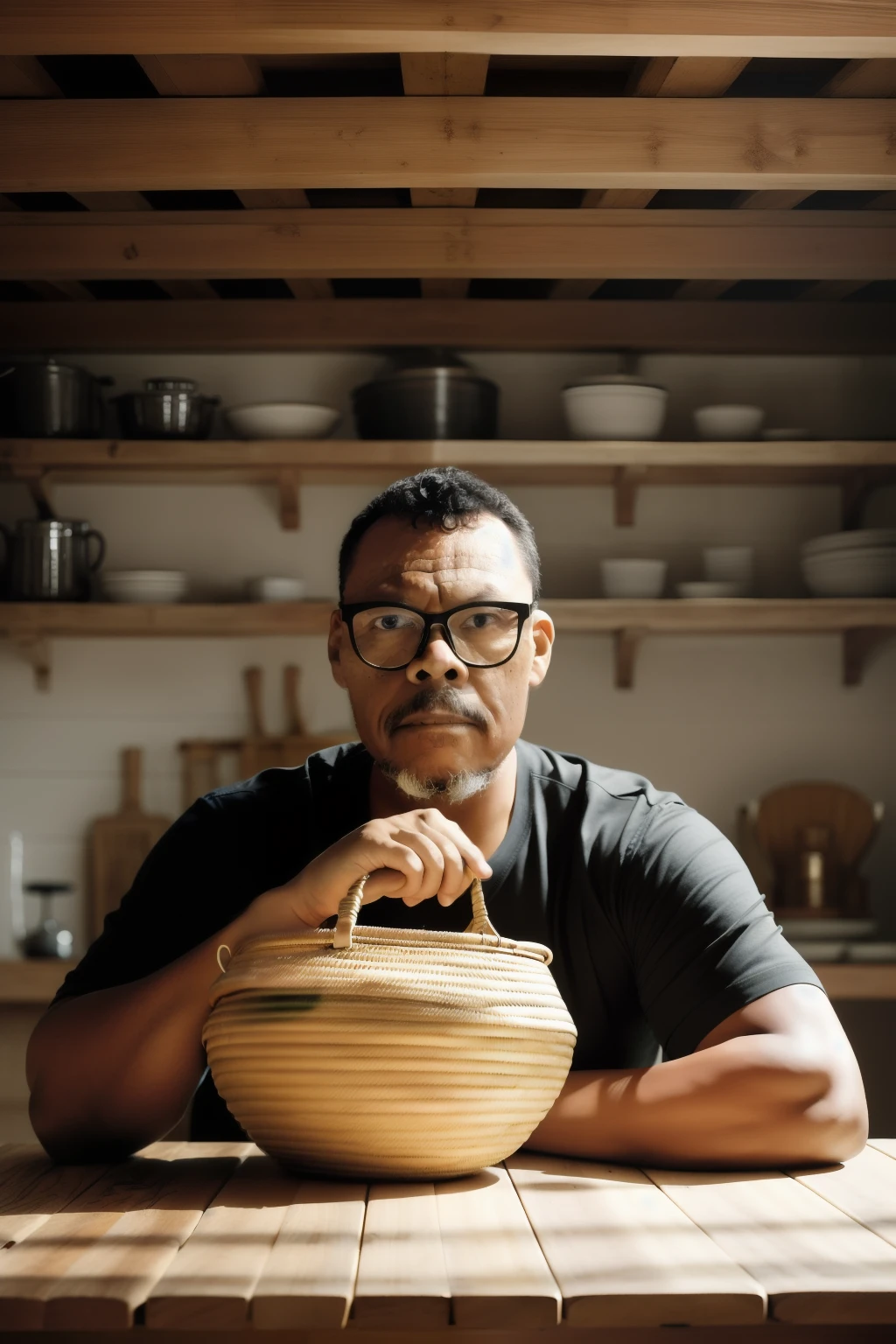 guttonervision8, Studio photograph of a man wearing glasses, positioned inside a meticulously crafted basket made of straw and bamboo, placed on a table. The image embodies hiper-realism, capturing every intricate detail of the basket's texture and the man's features. The chiaroscuro technique creates a dramatic interplay between light and shadow, adding depth to the composition. Rendered in 8K Ultra High Definition, the image showcases a level of hyper-detail that brings the scene to life. The combination of meticulous craftsmanship and chiaroscuro lighting results in a captivating and visually striking studio photograph.