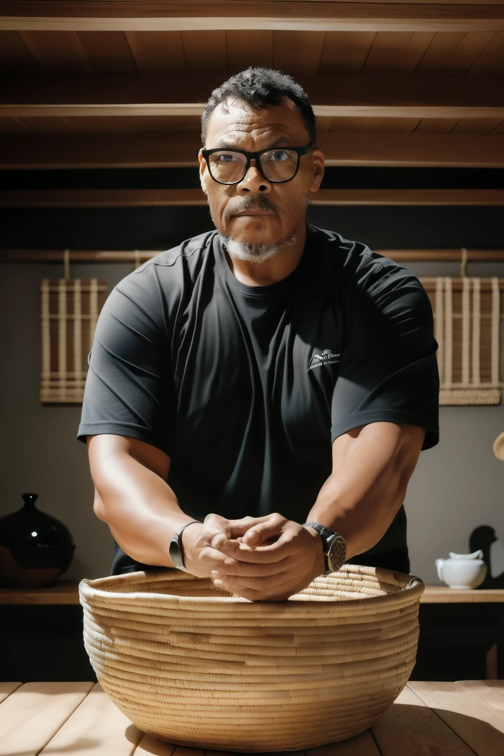 guttonervision8, Studio photograph of a man wearing glasses, positioned inside a meticulously crafted basket made of straw and bamboo, placed on a table. The image embodies hiper-realism, capturing every intricate detail of the basket's texture and the man's features. The chiaroscuro technique creates a dramatic interplay between light and shadow, adding depth to the composition. Rendered in 8K Ultra High Definition, the image showcases a level of hyper-detail that brings the scene to life. The combination of meticulous craftsmanship and chiaroscuro lighting results in a captivating and visually striking studio photograph.