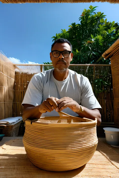 guttonervision8, a studio photograph of a man wearing glasses, positioned inside a basket woven from straw and bamboo, placed at...